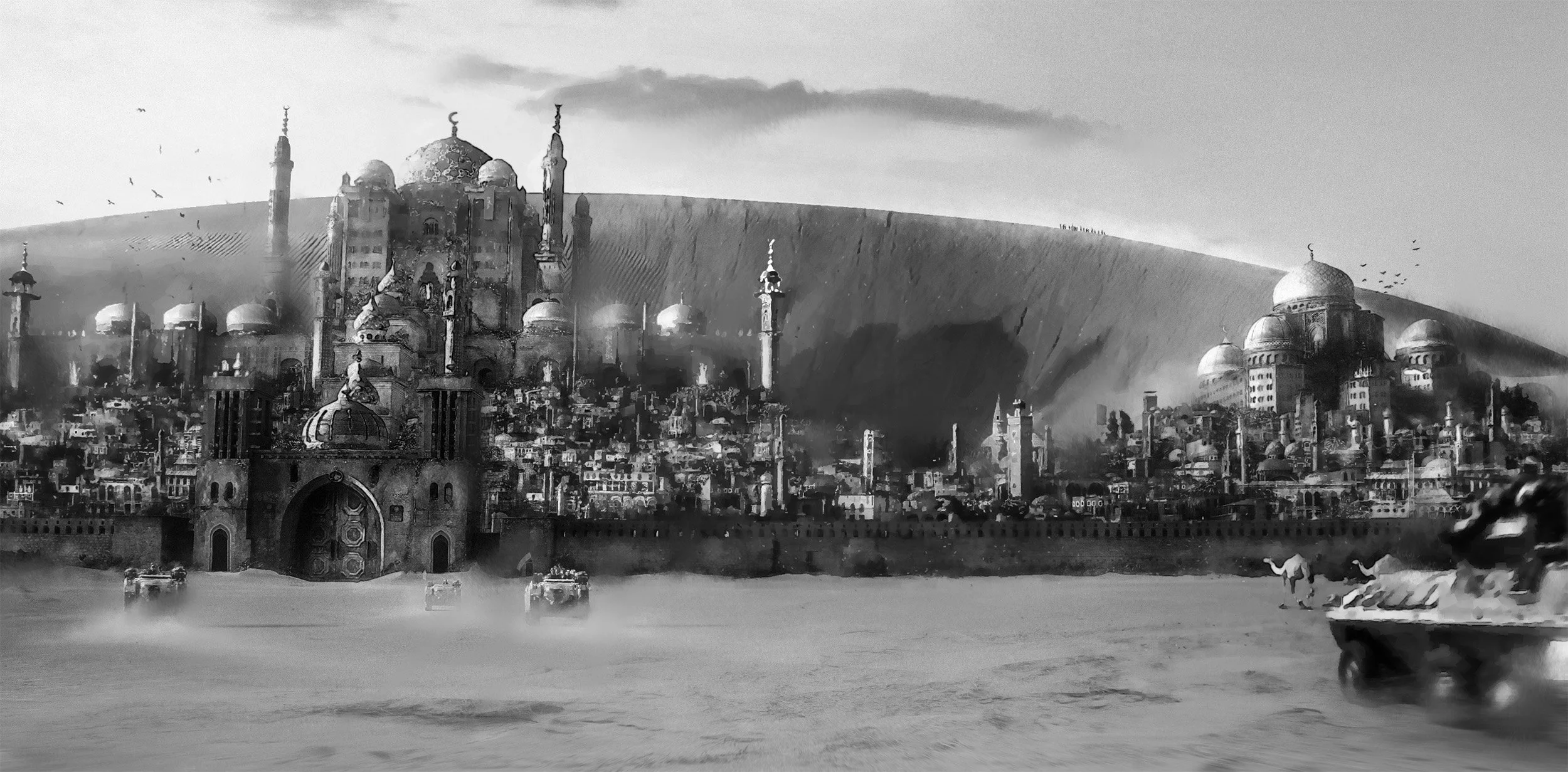 illustration of middle eastern fantasy city in the desert protected by sand dunes, opulent golden magnificent right architecture