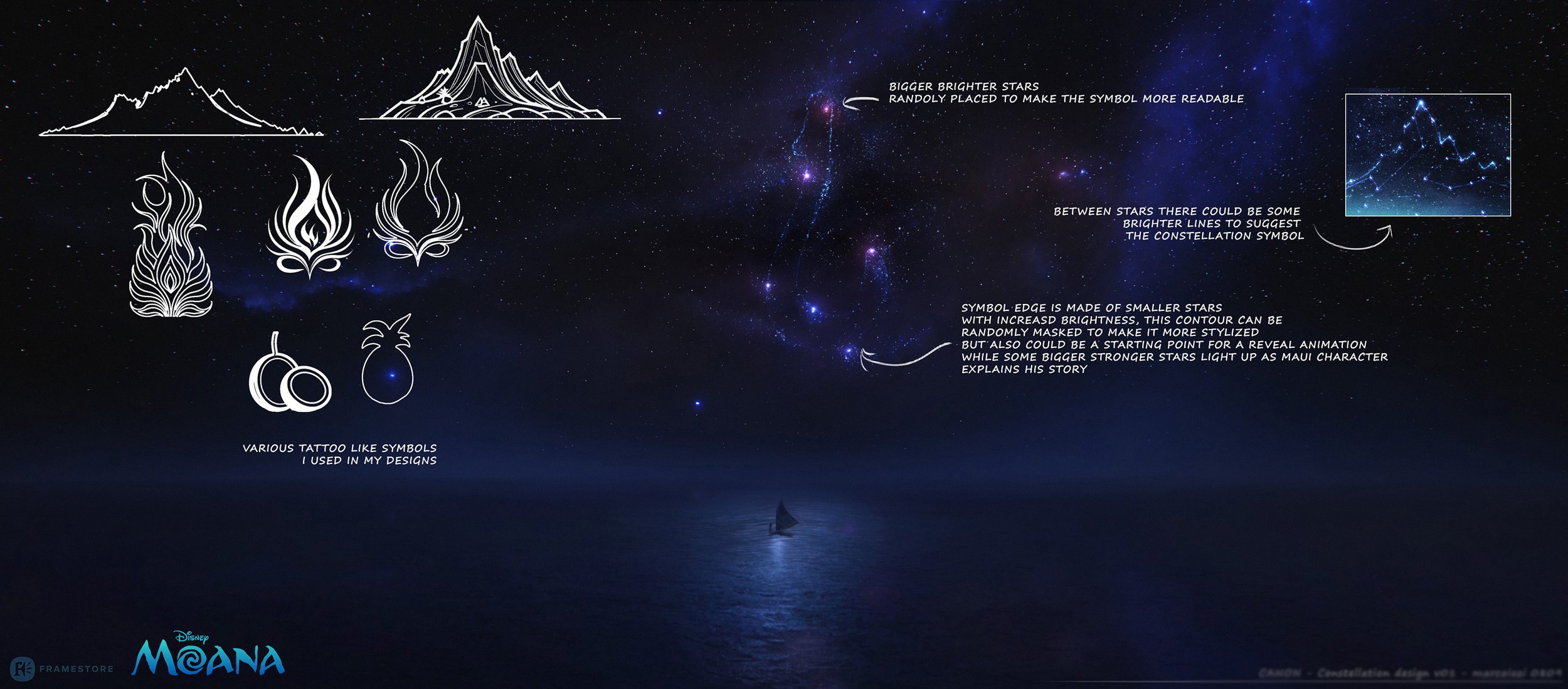Sky scene with symbols and sketches showing how to design constellation symbols using stars, including notes on star brightness and constellation shaping, with the logo for the animated film Moana at the bottom left. Disney Moana concept art