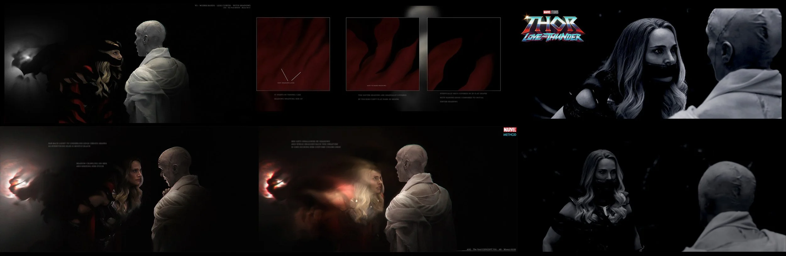 Promotional images from Marvel's 'Thor: Love and Thunder' featuring two characters, a woman with long hair and a black mask, and a bald man with a white robe, in a dark setting. The images include concept art, behind-the-scenes shots, and a logo of t