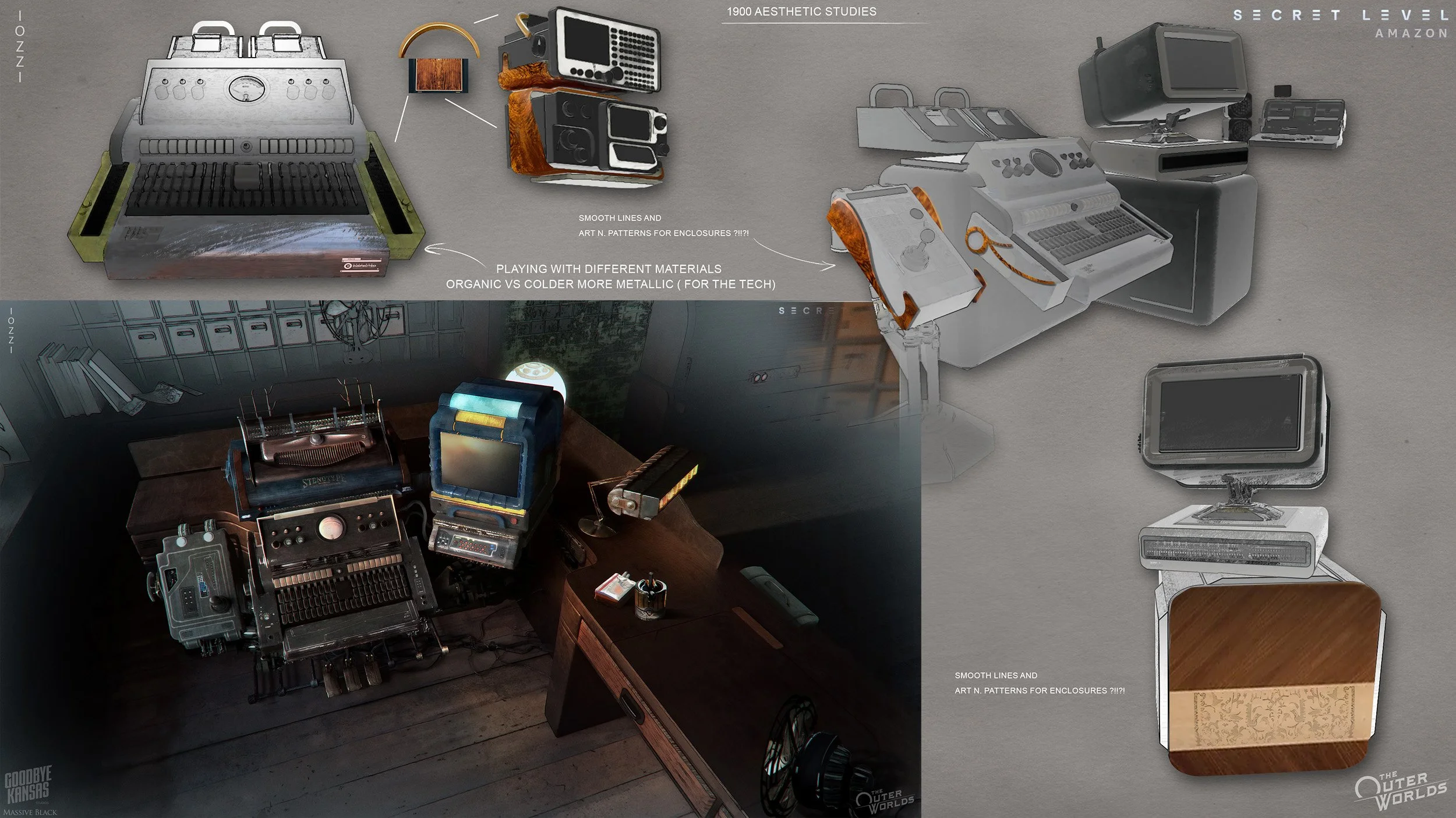 A collage showing vintage electronic equipment and computer setup, including old monitors, keyboards, and devices with annotated notes about design and materials.