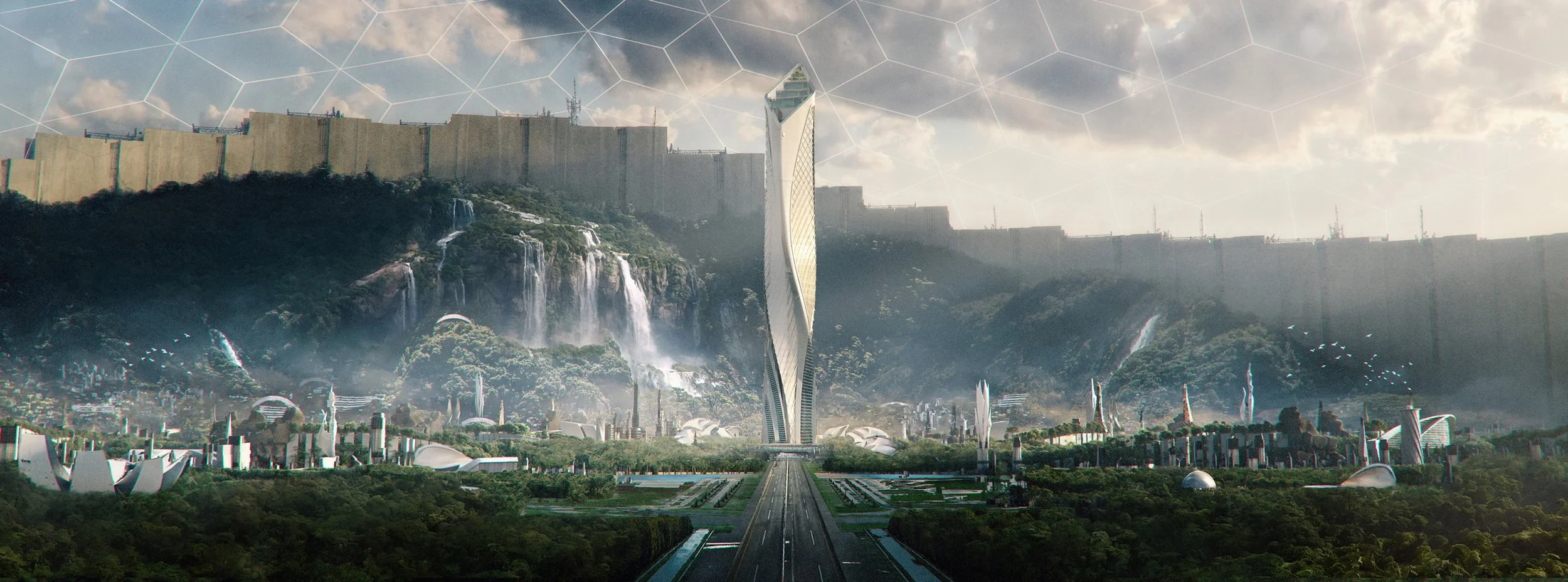 Futuristic cityscape with a tall, unique skyscraper in the center, surrounded by lush green parks, waterfalls, and modern architecture, set against a mountainous backdrop with waterfalls and a dam, under a cloudy sky.