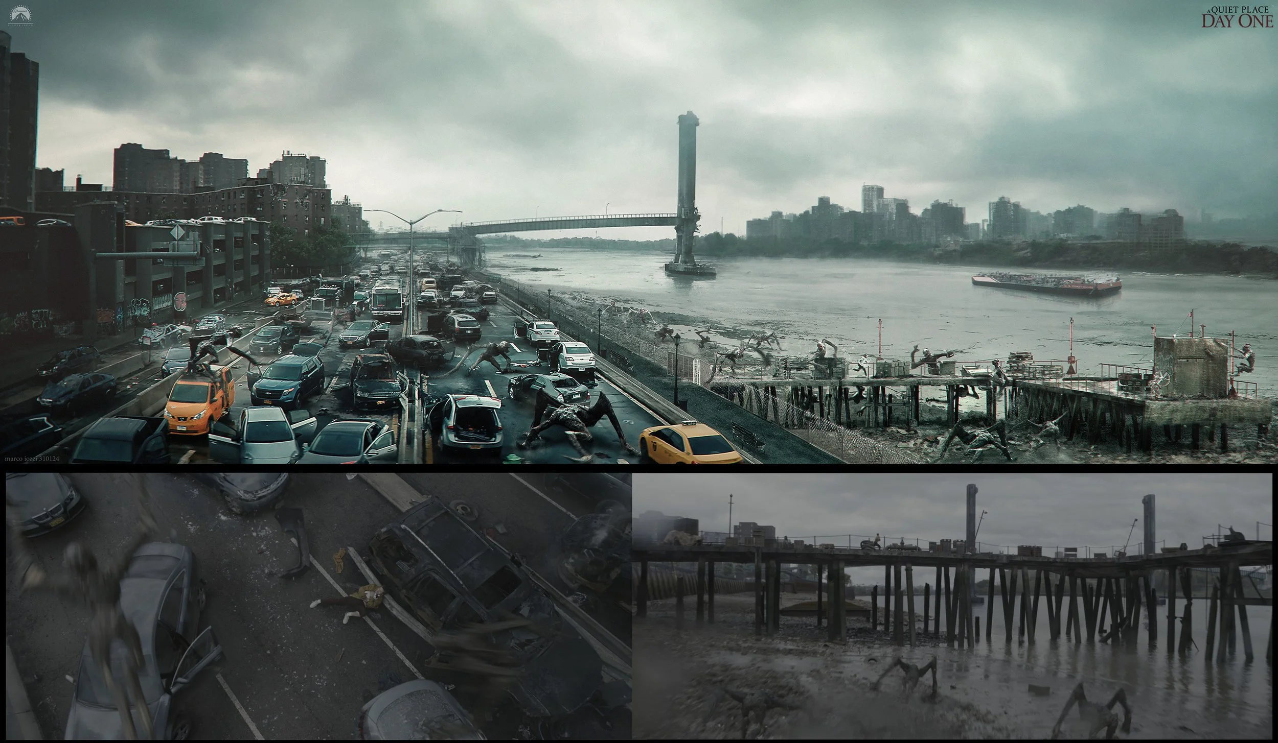 A collage of scenes from a disaster or apocalyptic event, featuring a flooded urban area with destroyed buildings, emergency vehicles, and debris. The top image shows a damaged bridge and dark, stormy sky over a river with some floating or stranded b