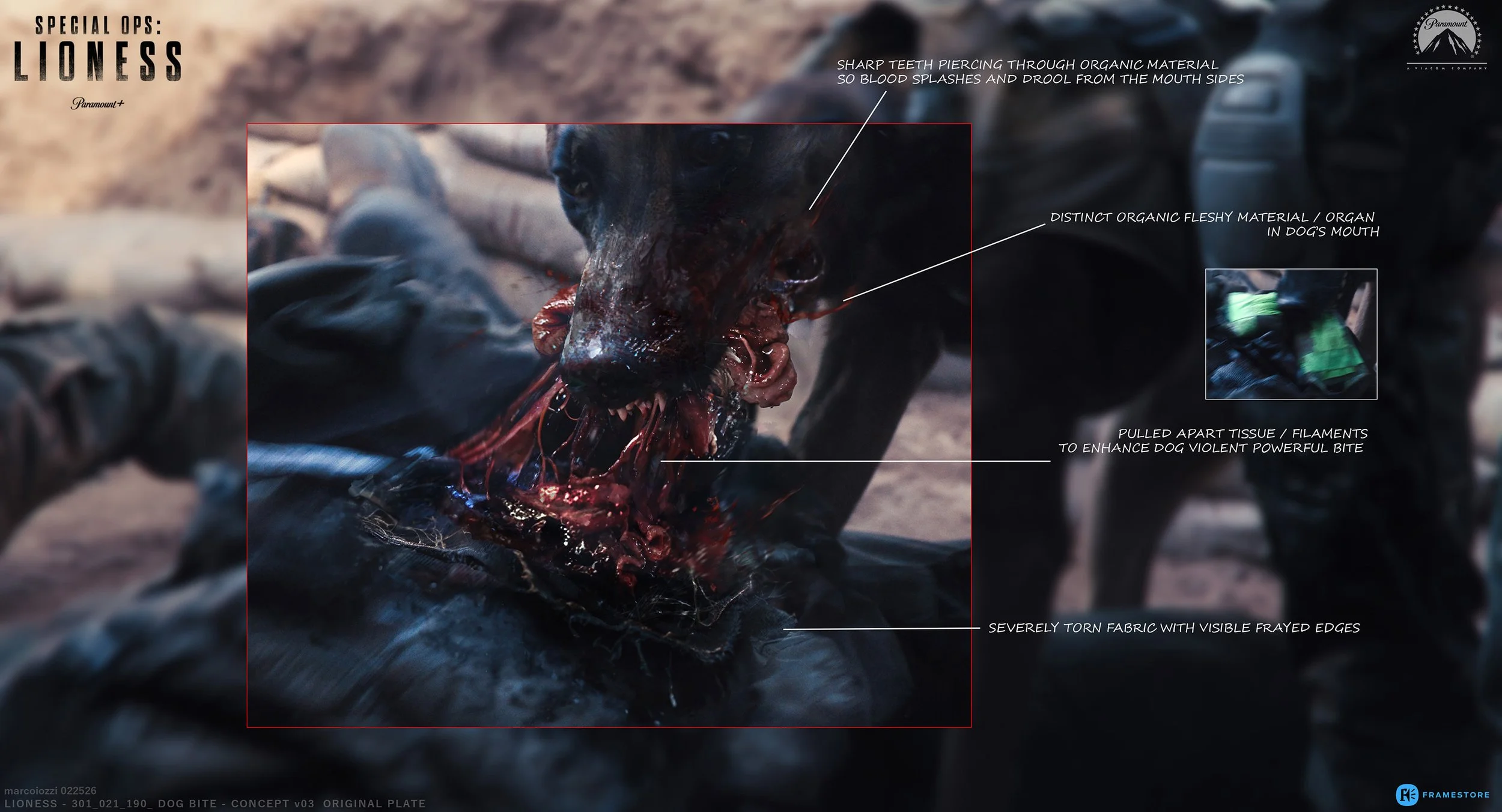 Close-up of a dog biting through organic tissue with visible blood and torn fabric edges, with annotations describing sharp teeth piercing organic material, distinct organic fleshly material in the dog's mouth, and tissue pulled apart to enhance the 