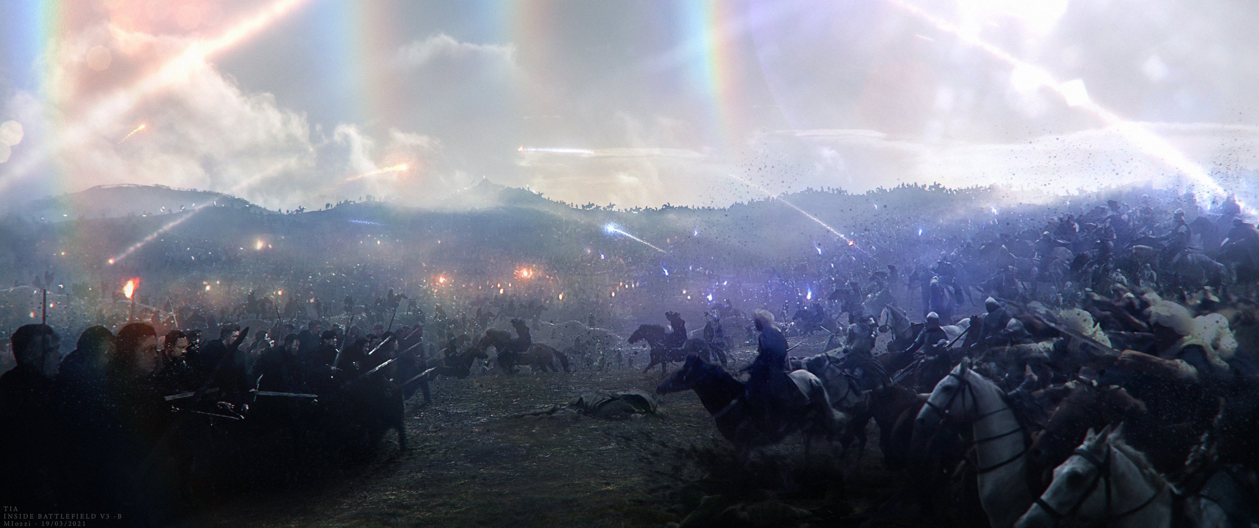 Digital artwork depicting a colossal medieval battle scene with numerous soldiers, horses, and weaponry, set against a cloudy sky with rainbows.