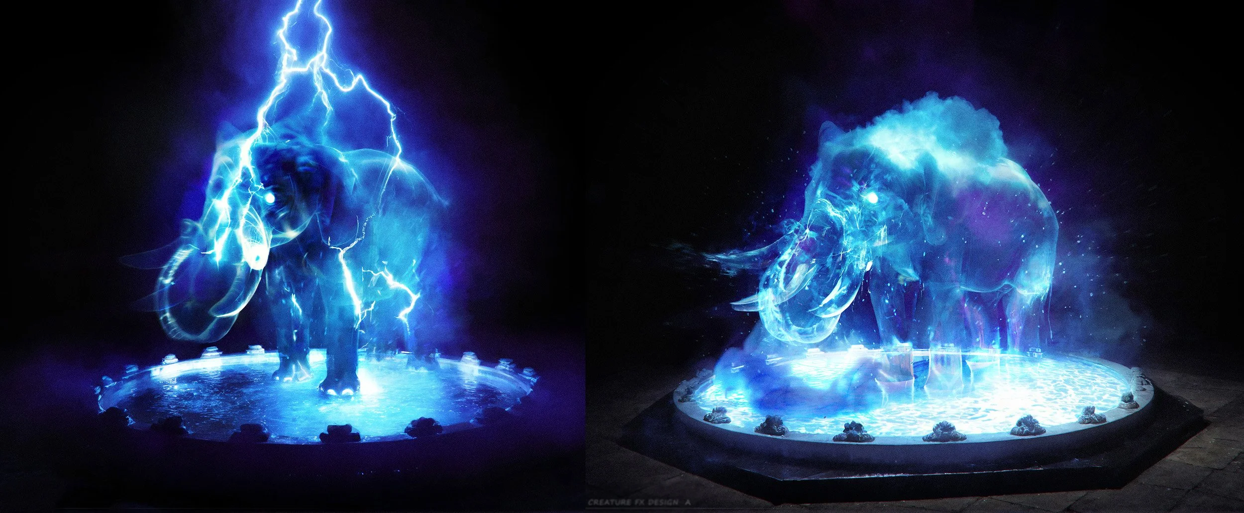 Sculpture of an elephant surrounded by blue electric effects, glowing and emitting light, at night, on a circular platform with small lights around the edge.