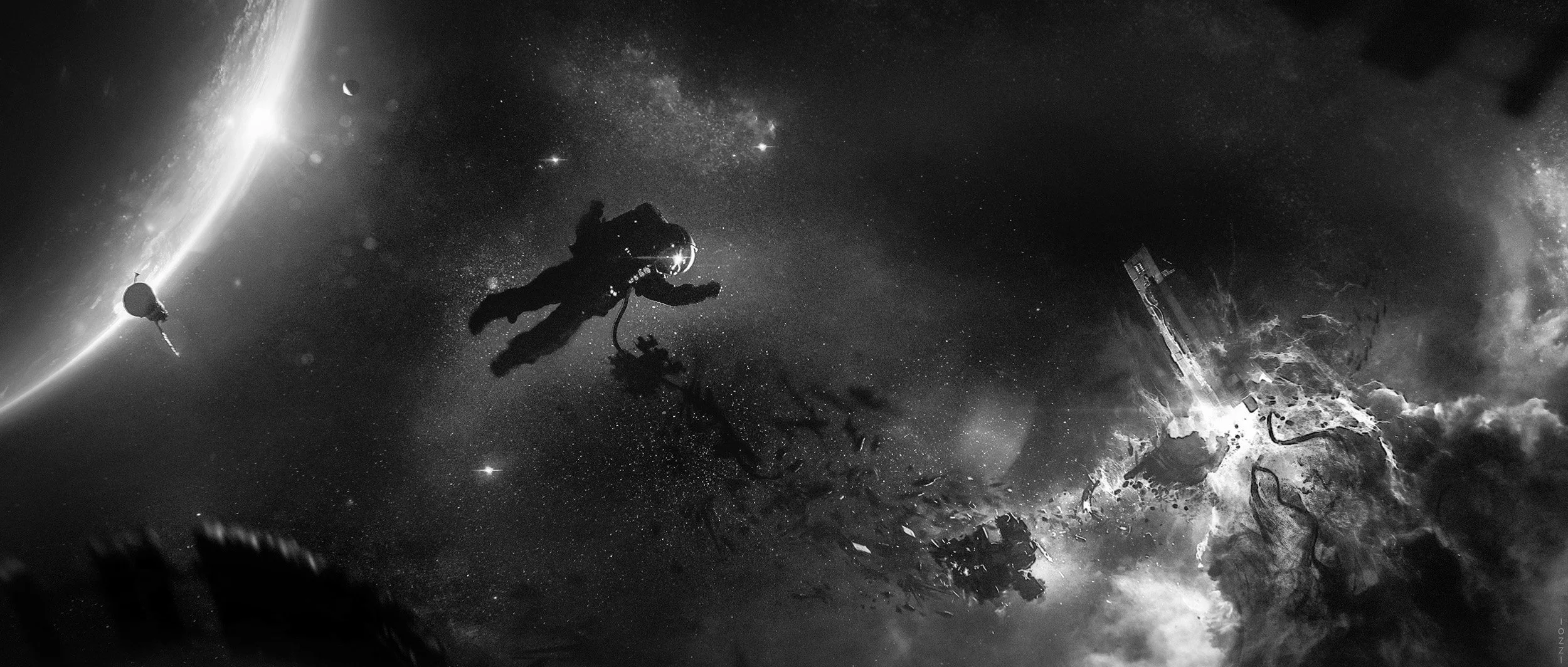 space illustration, a tethered astronaut flies solo after a giant explosion on a space vessel