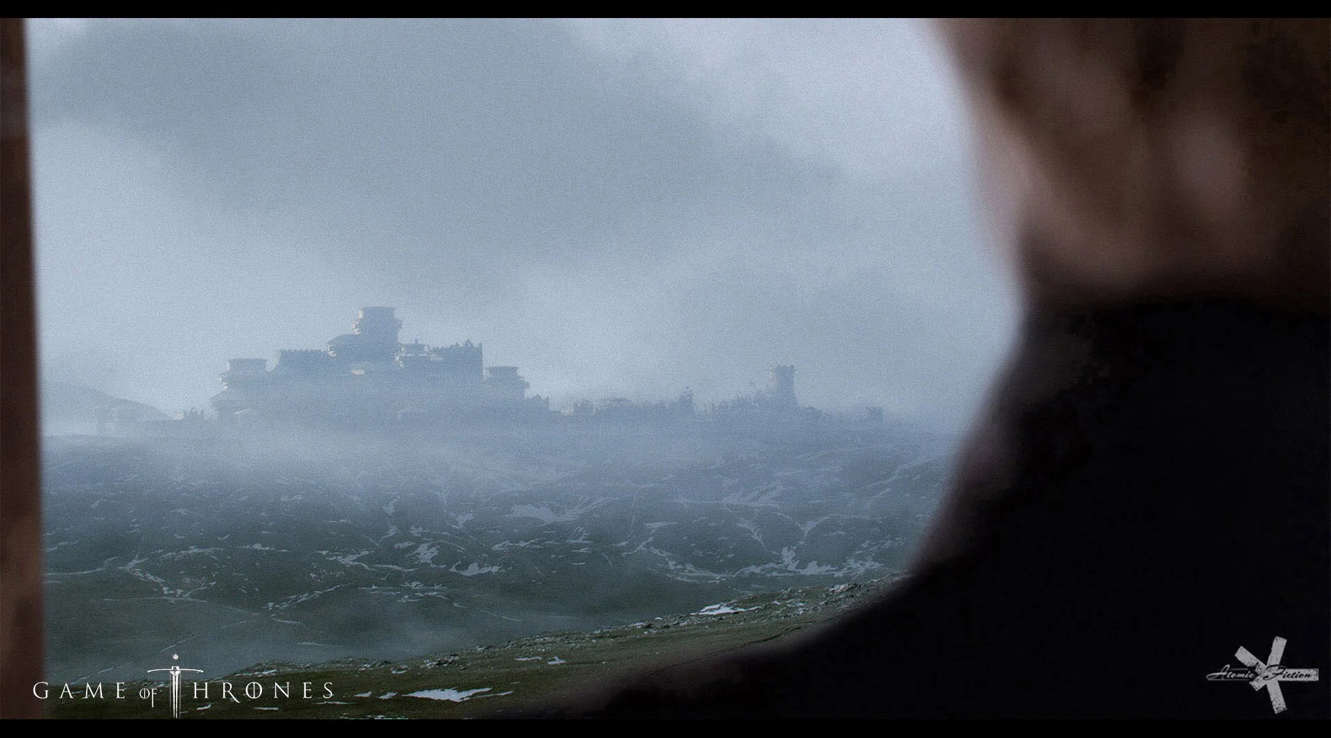 A large ship in rough sea viewed from behind a window with water streaks, with a blurry figure in the foreground and the logo for 'Game of Thrones' in the bottom left corner. Game of Thrones concept art, Westeros