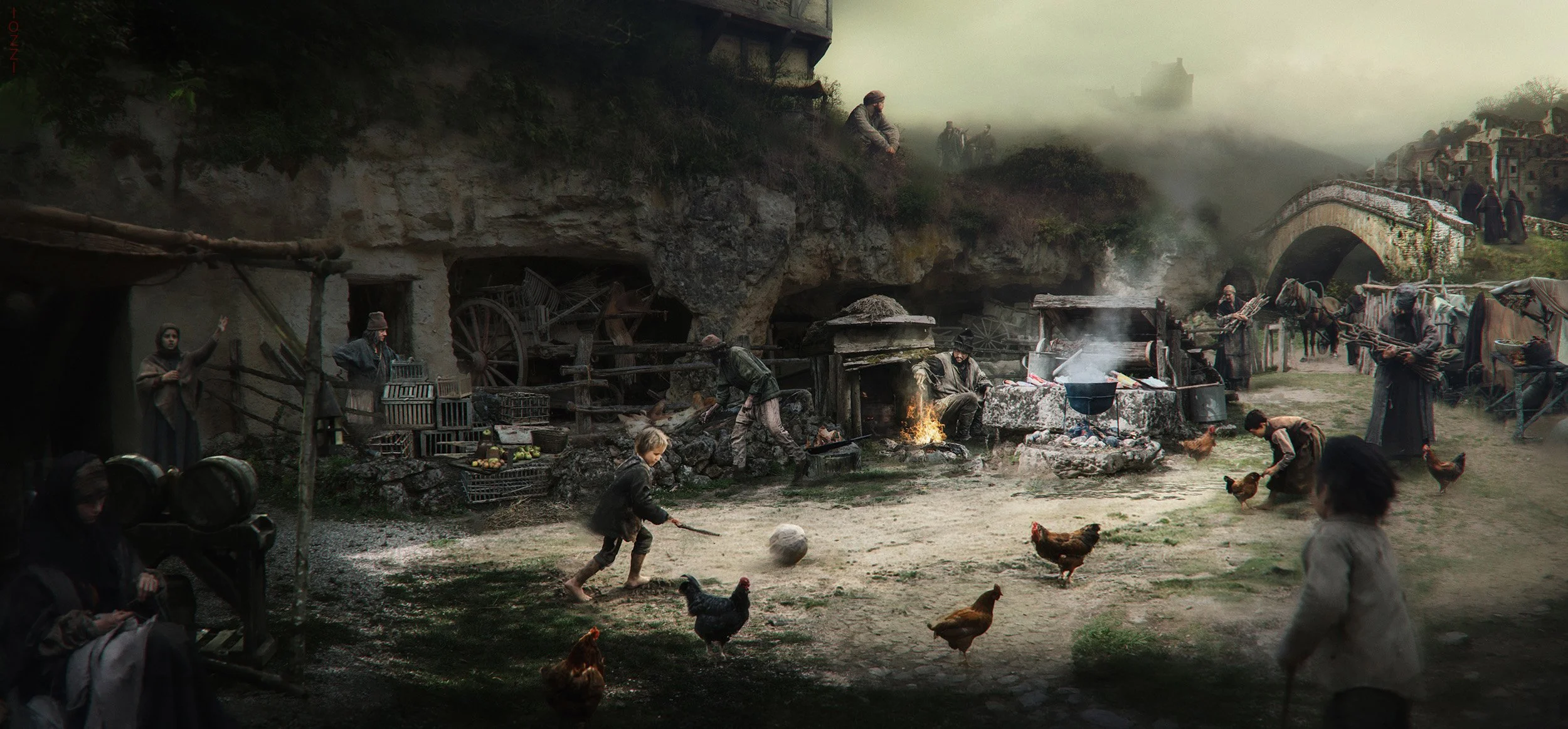 A medieval-style village scene with people and children playing outside near a stone fireplace with a fire, chickens walking around, and market stalls in the background on a foggy day.