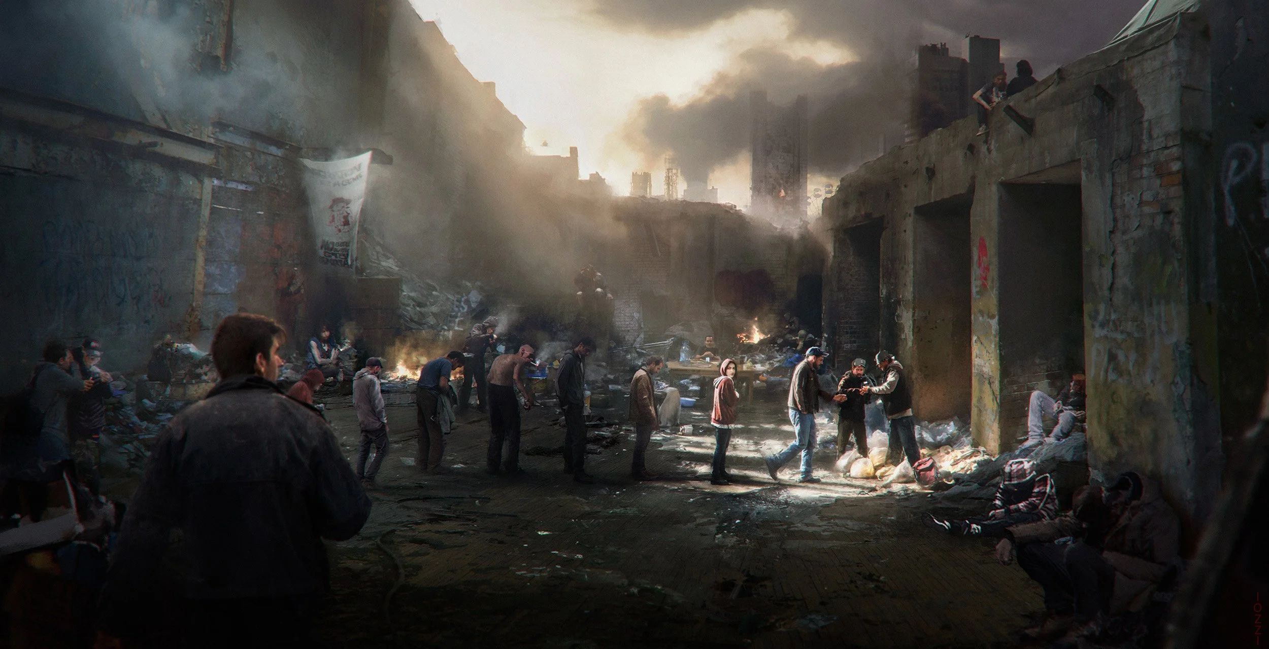A post-apocalyptic scene with destroyed buildings, smoke, and flames. Multiple people are gathered, some standing and talking, some sitting, amidst debris and fire, in a dark, ruined urban environment.