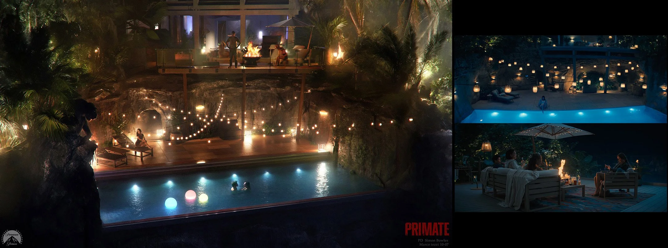 Nighttime scene with a swimming pool illuminated by floating lights and colorful orbs, surrounded by lush greenery, with outdoor seating and string lights, and a terrace above with a fire pit and people gathered. Primate Paramount concept art
