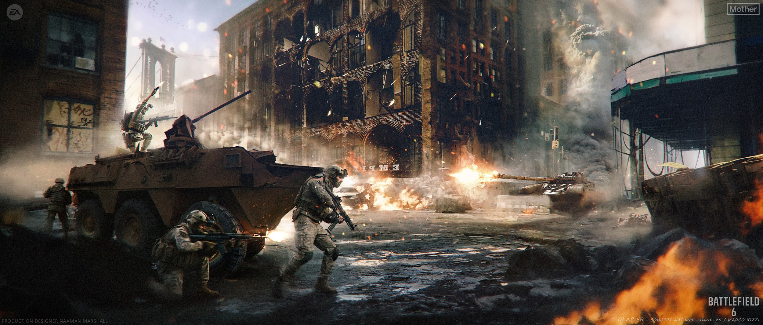 Military soldiers in combat amid destruction in an urban battlefield with burning vehicles and damaged buildings.