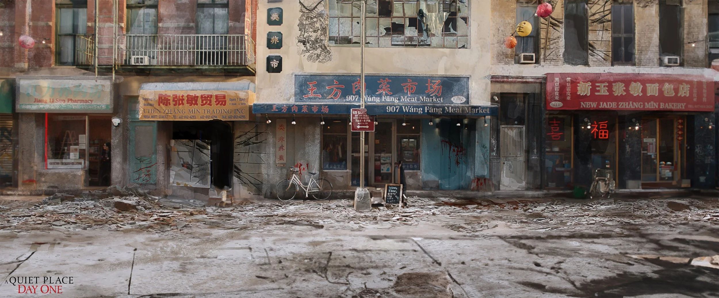 A dilapidated city street with debris and broken pavement, storefronts with Chinese and English signs, including pharmacies and bakeries, some windows shattered and boarded up, with a bicycle propped against a building.