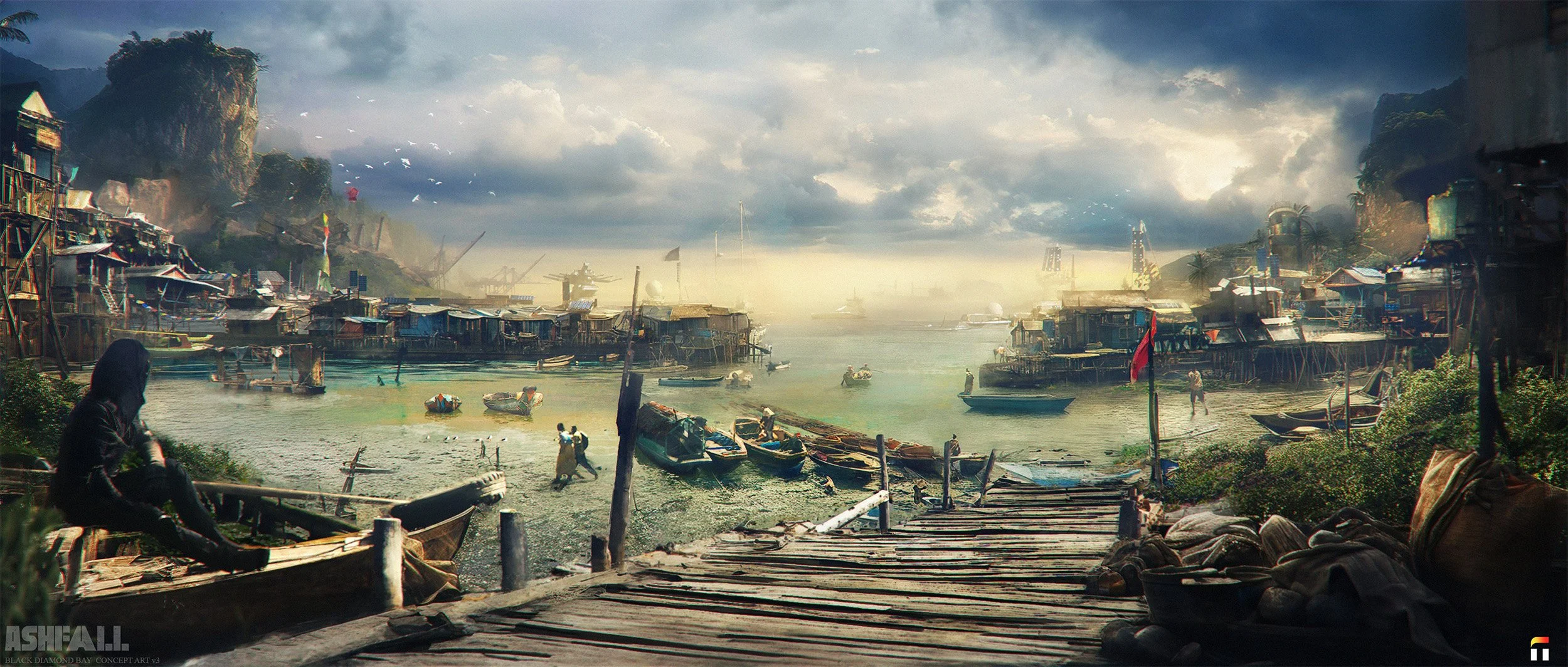A waterfront scene of a fishing village with small boats docked along a wooden pier and houses on stilts in the background, hills with dense vegetation, and a cloudy sky overhead.