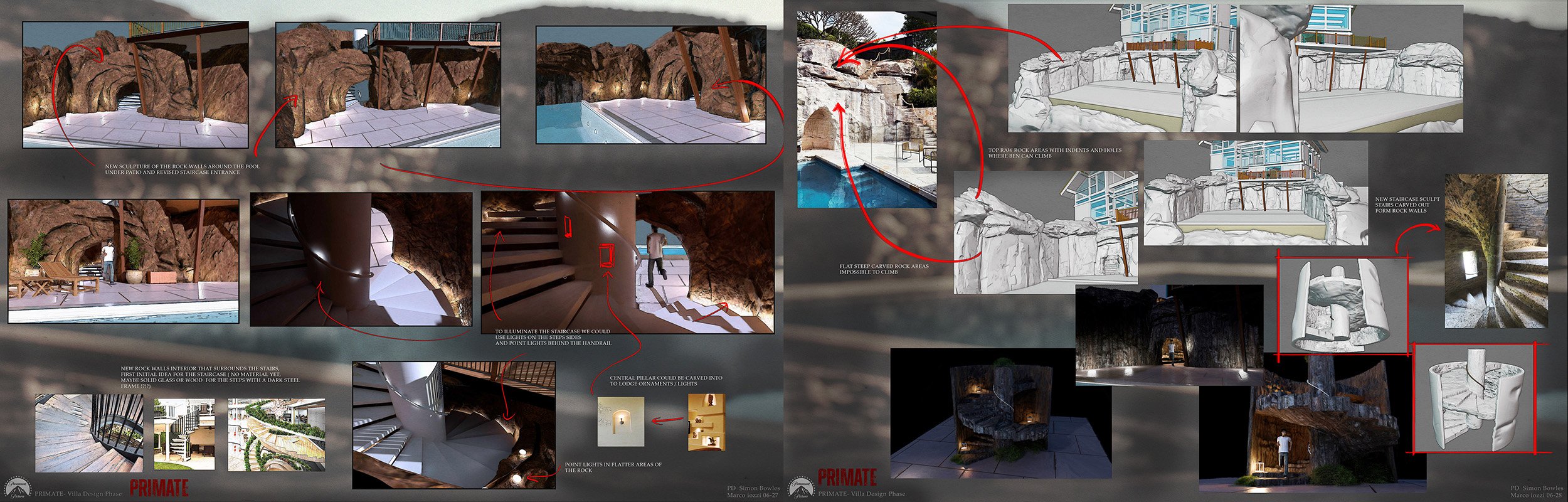 Design plans for an outdoor pool area with native rock walls, stairs, and lighting features. Includes renderings and sketches of staircases, rock formations, and lighting designs.