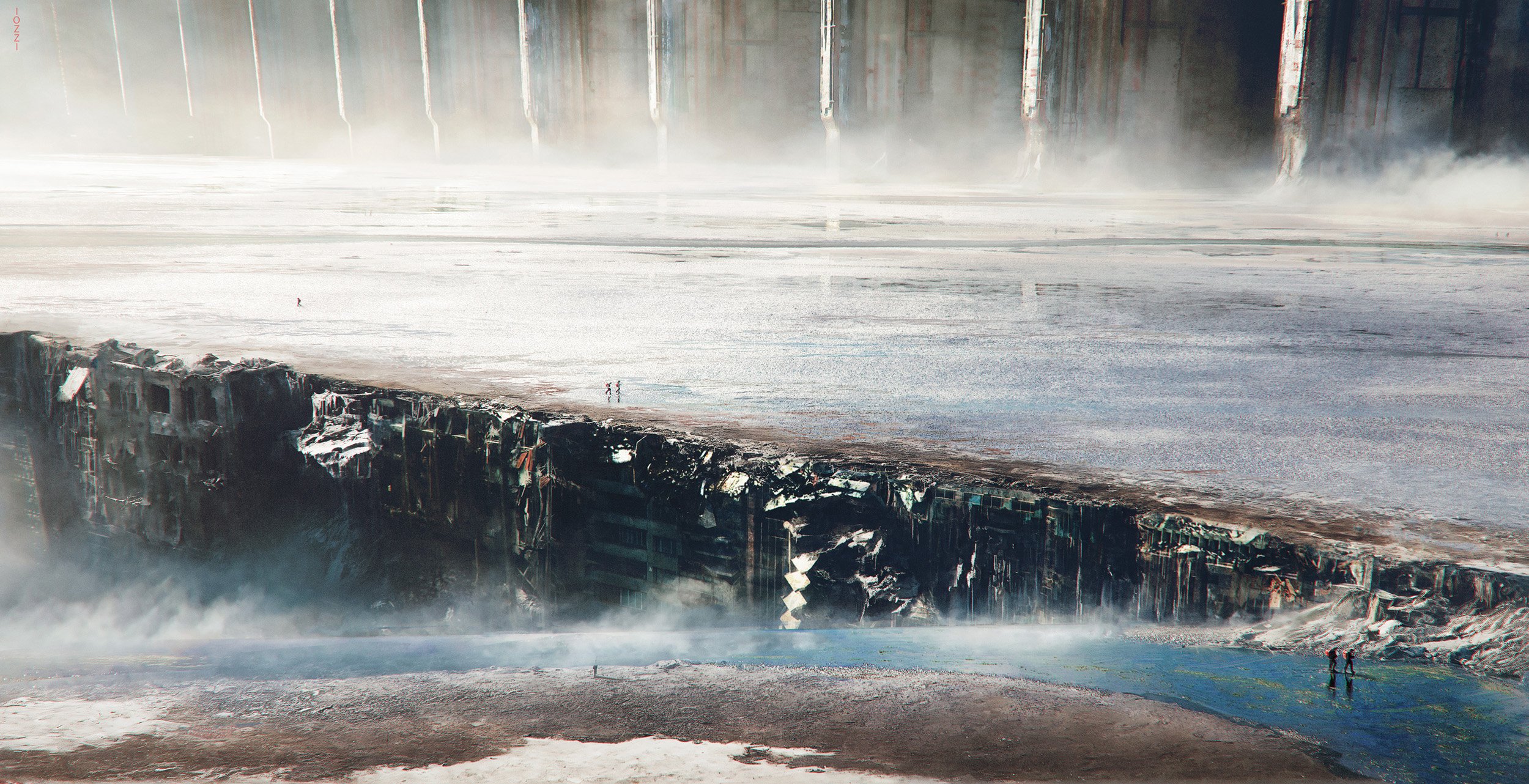 Two people standing on the edge of a frozen body of water near a collapsing building in a post-apocalyptic landscape.