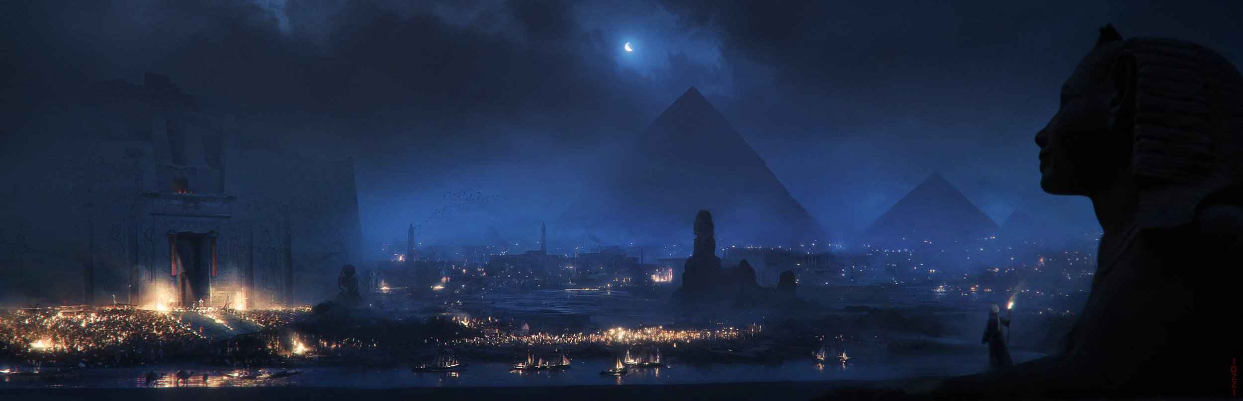 A dark, misty night scene with pyramids in the background, a large ancient Egyptian temple or structure with bright flames or torches at its entrance, a river with small boats, and a large profile of a Pharaoh's sculpture on the right side.