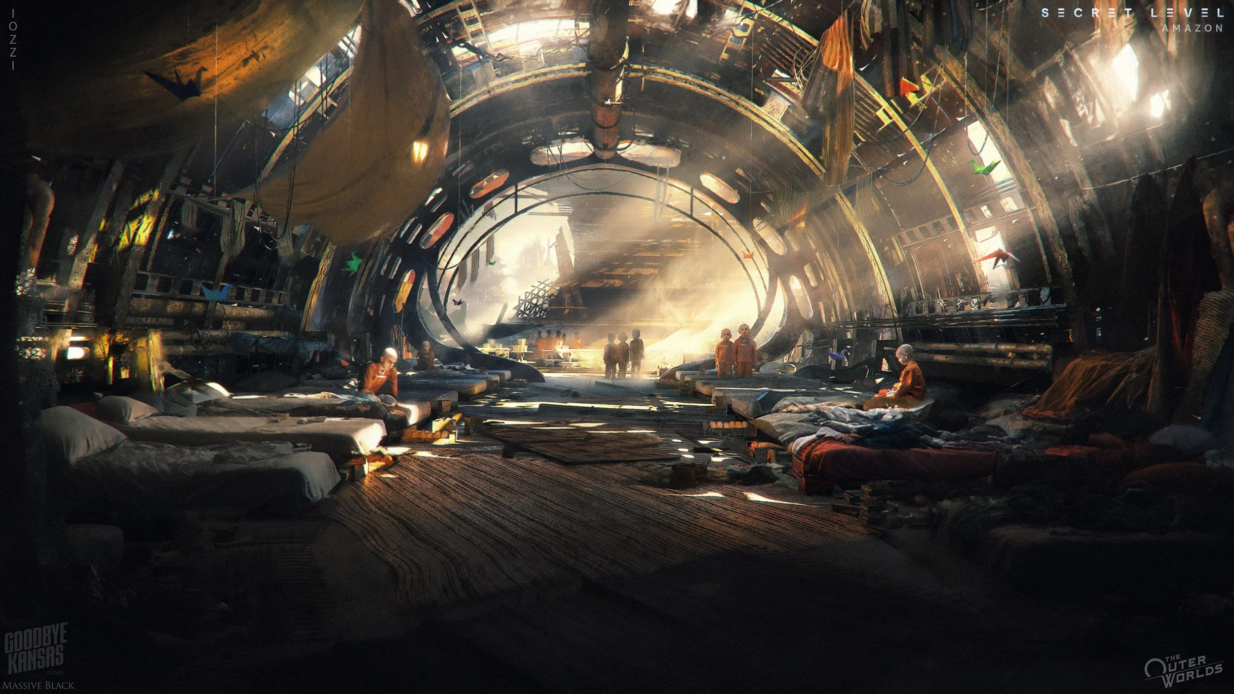 Dark, futuristic interior with beds and scattered objects, illuminated by rays of sunlight through a large circular structure, with a few people in orange uniforms and some floating paper airplanes.