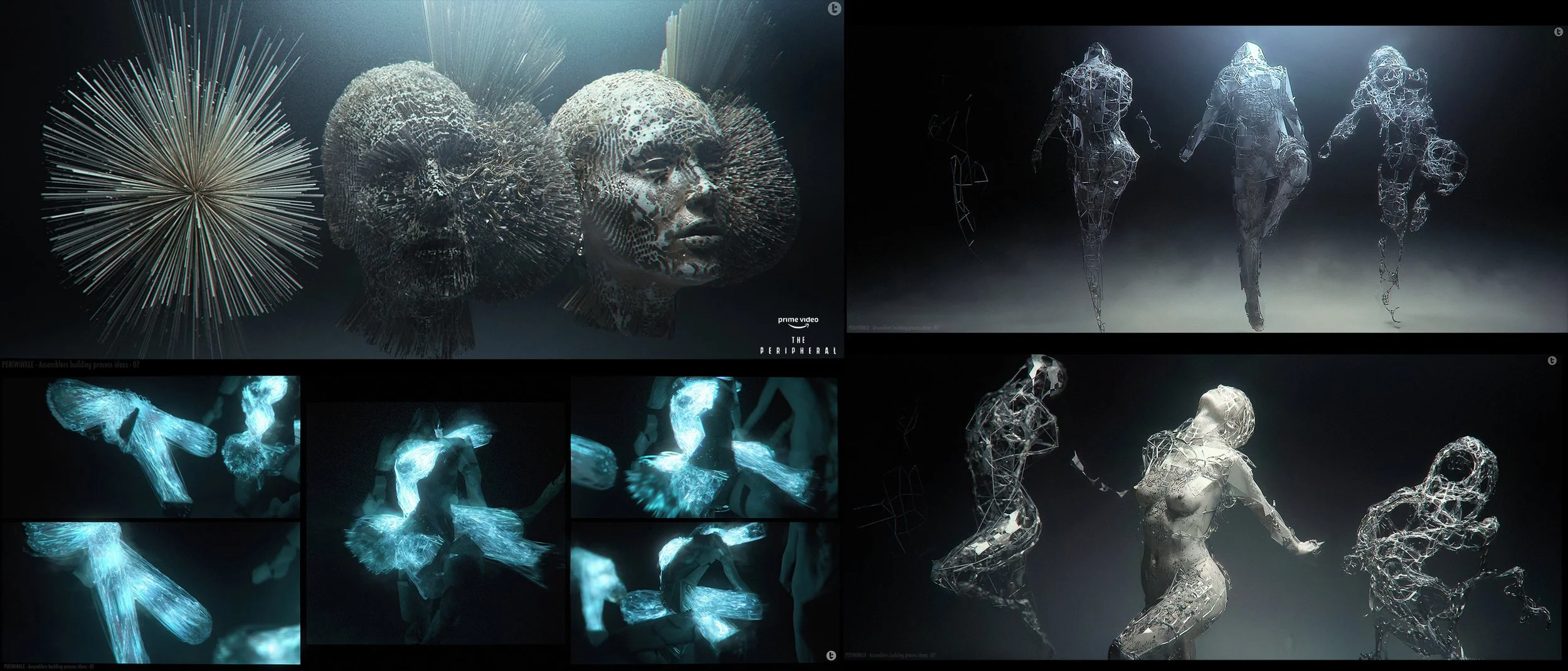 Digital artwork featuring human-like sculptures and animations. The top left shows three floating skull and face structures with spiky, radiating elements. The top right displays wireframe figures of female athletes running, rendered in a metallic or