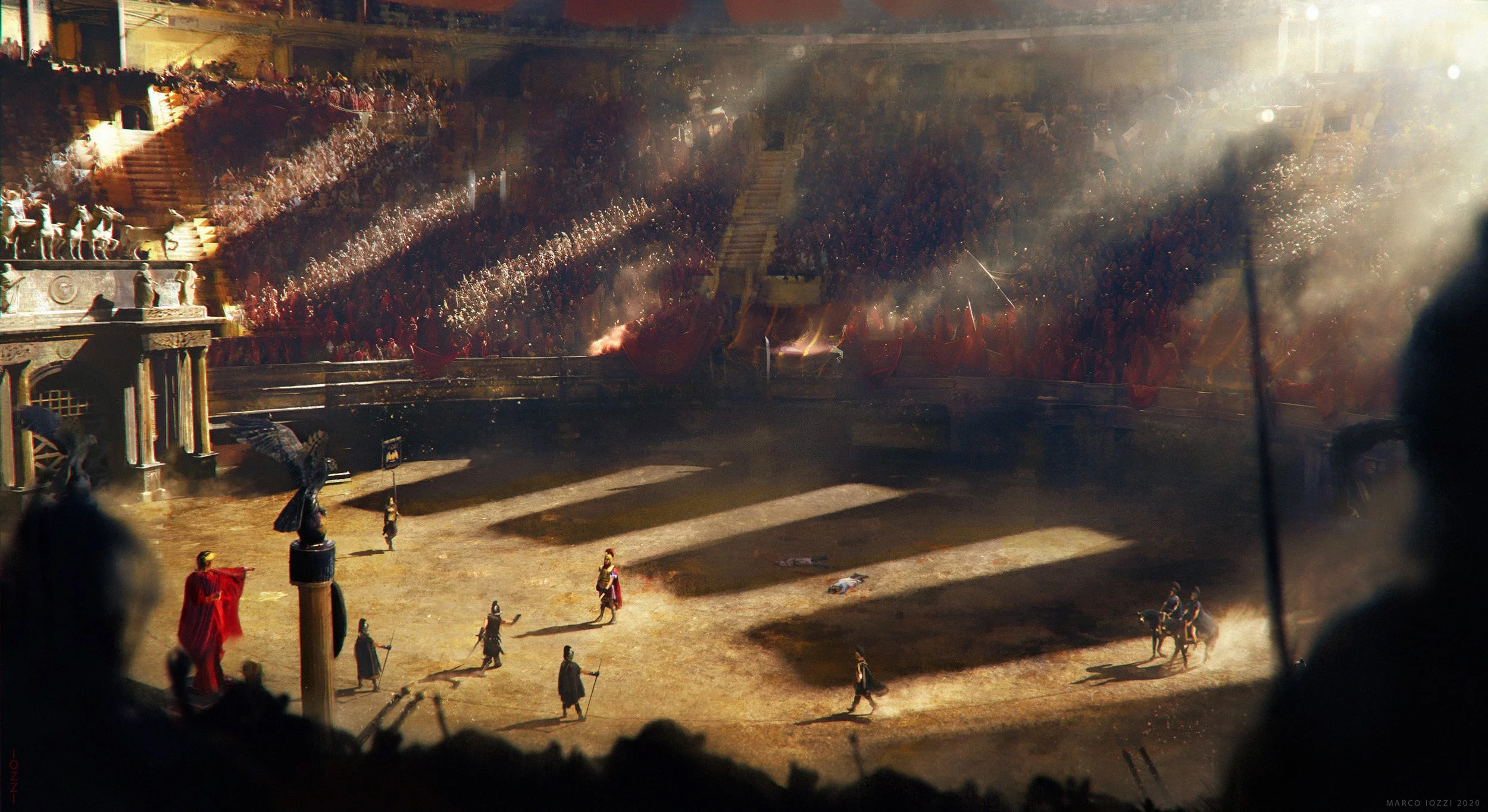 Ancient Roman-style arena filled with soldiers marching, a figure in a red cloak standing on a tower, and spectators in the stands, with dust and light rays creating a dramatic scene.