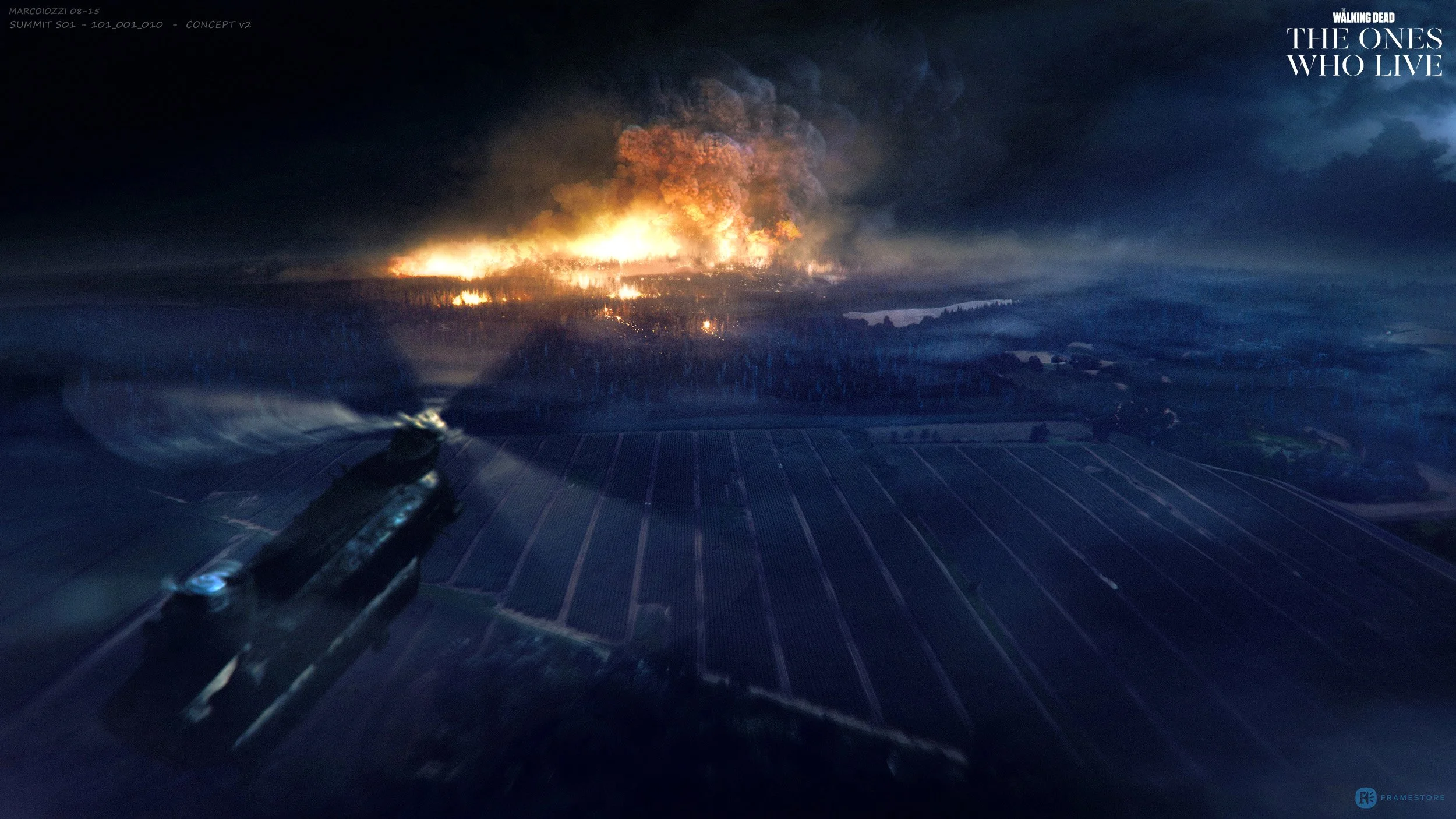A satellite in space capturing an image of a wildfire on Earth's surface at night, with smoke and flames visible over a forested area, and solar panels on the satellite. MC Walking Dead concept art