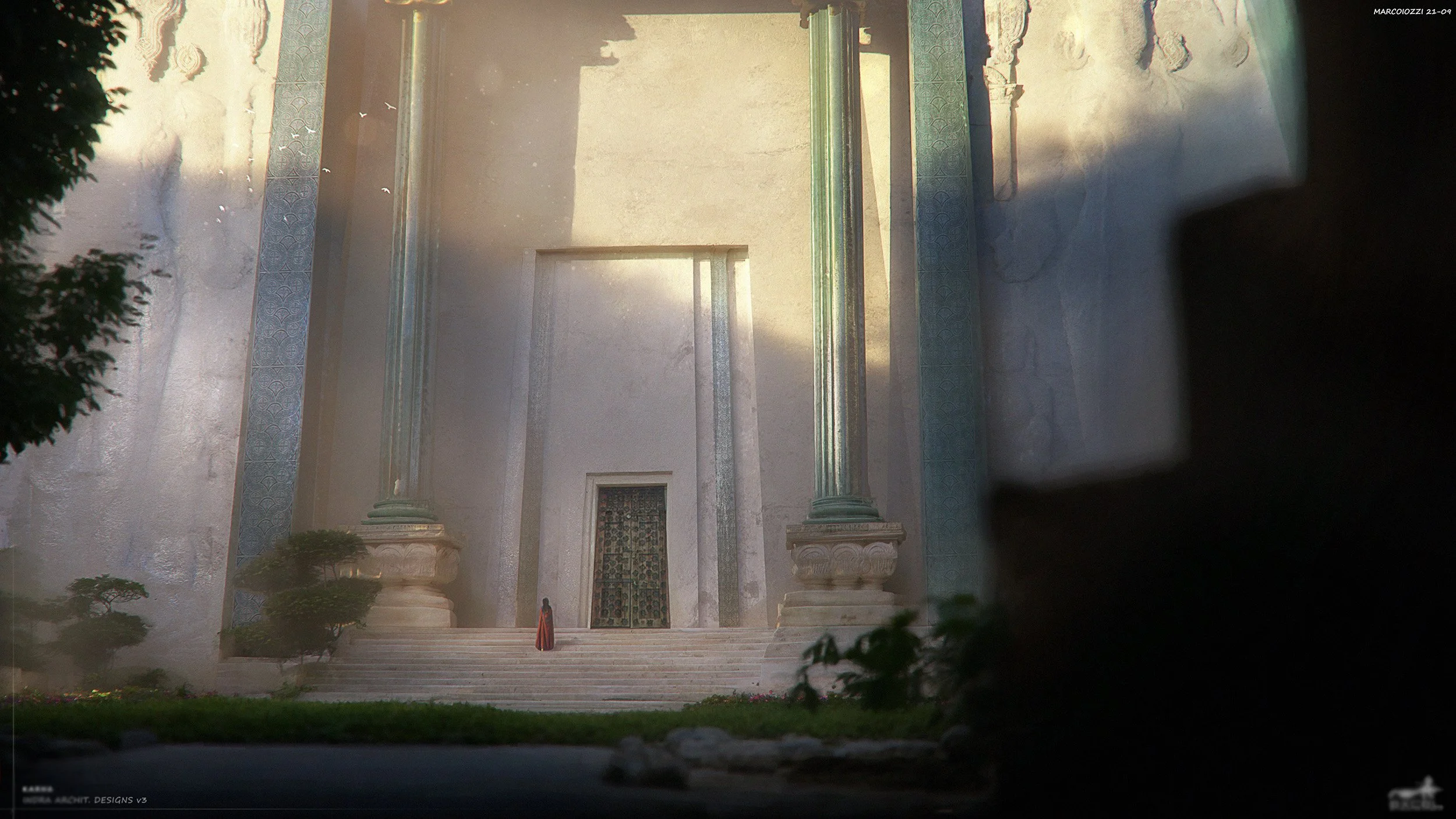 A grand entrance with two tall marble columns on each side supporting a decorative greenish frieze. Steps lead up to a black ornate door with a woman in a red dress standing at the bottom. The building appears classical or neoclassical with white stu
