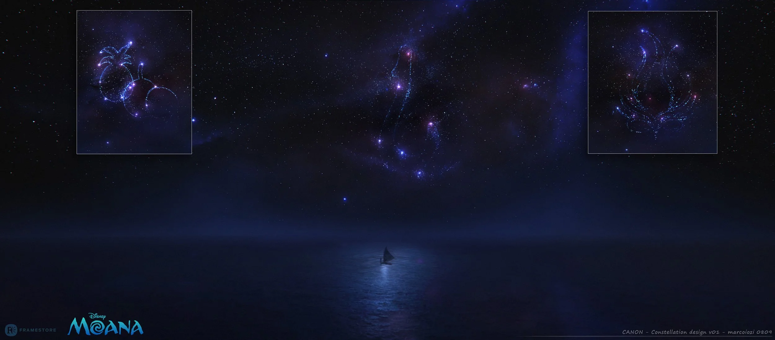Night sky over the ocean with a small sailboat and a constellation design overlayed in the sky, featuring glowing blue and purple star patterns. Disney Moana concept art