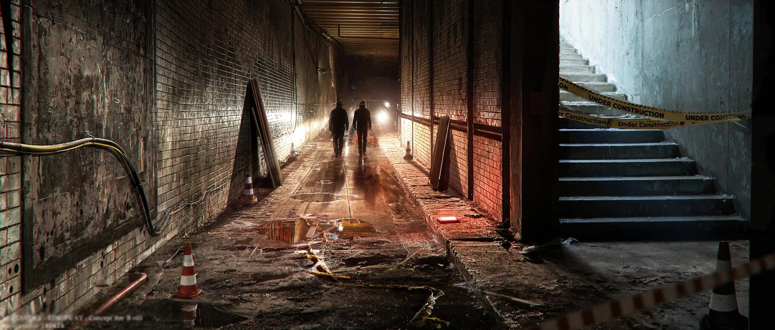 Two individuals walk through a dimly lit construction site or tunnel with muddy and wet ground, caution tape reading 'Under Construction' on stairs to the right, and construction cones scattered around.