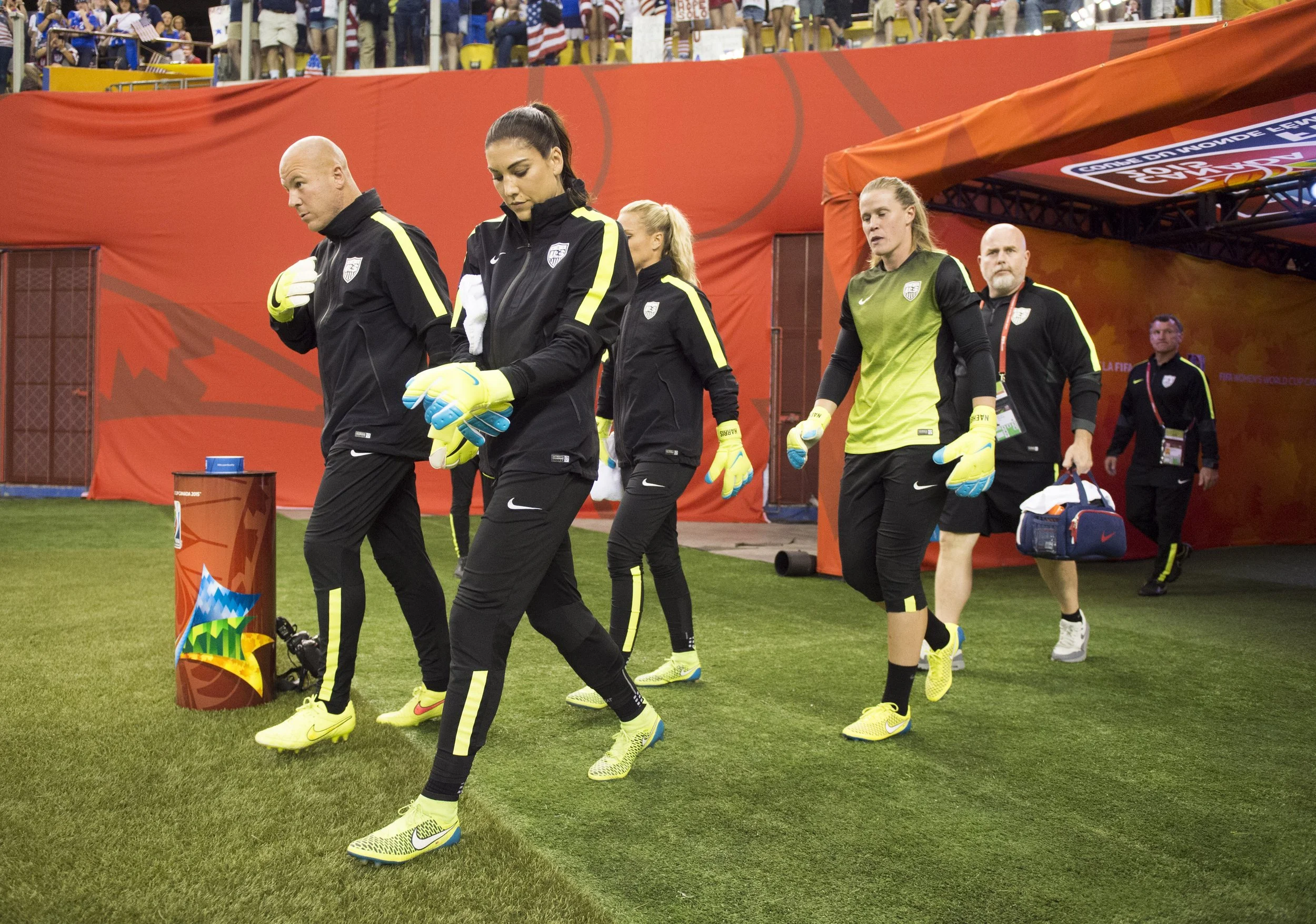 USWNT Goalkeepers, Hope Solo, Ashlyn Harris and Alyssa Naeher enter the field with USWNT goalkeeper coach, Graeme Abel. Prior to USWNT 2015 FIFA World Cup game vs Germany.