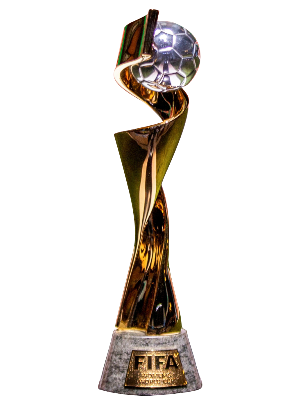FIFA Women's World Cup trophy with a soccer ball on top, made of gold-colored metal, mounted on a gray stone base, against a black background.