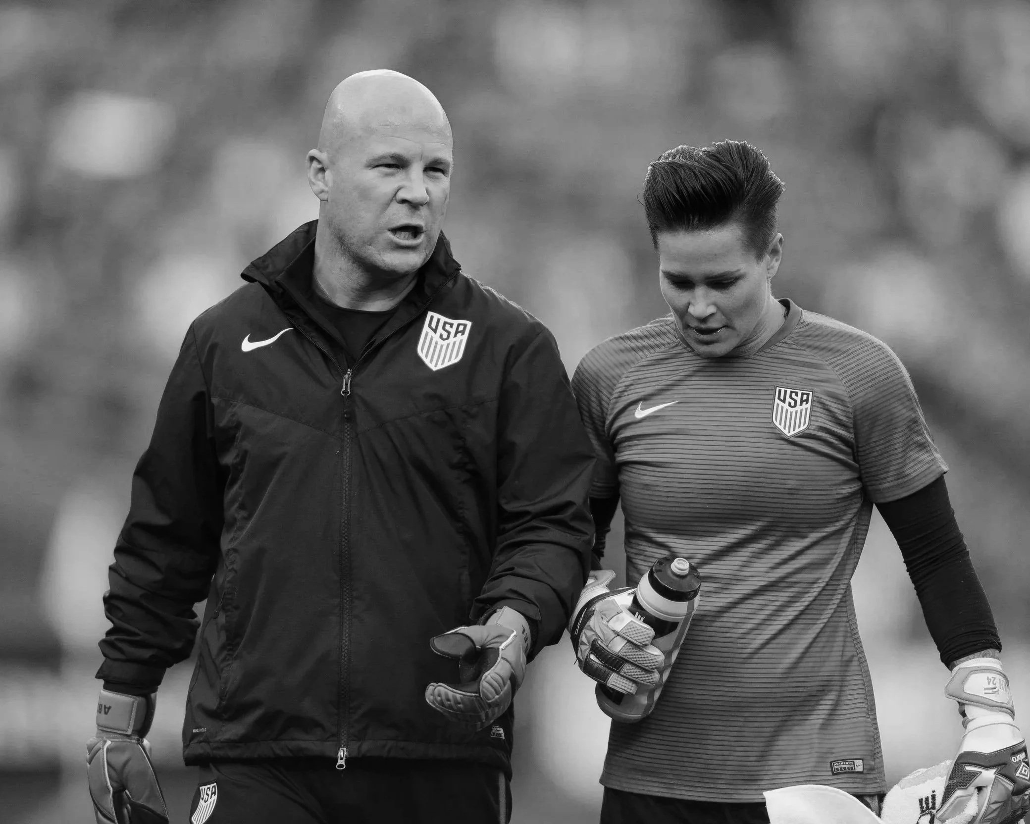 USWNT Goalkeeper Coach, Graeme Abel and Ashlyn Harris in a pre game warm up.