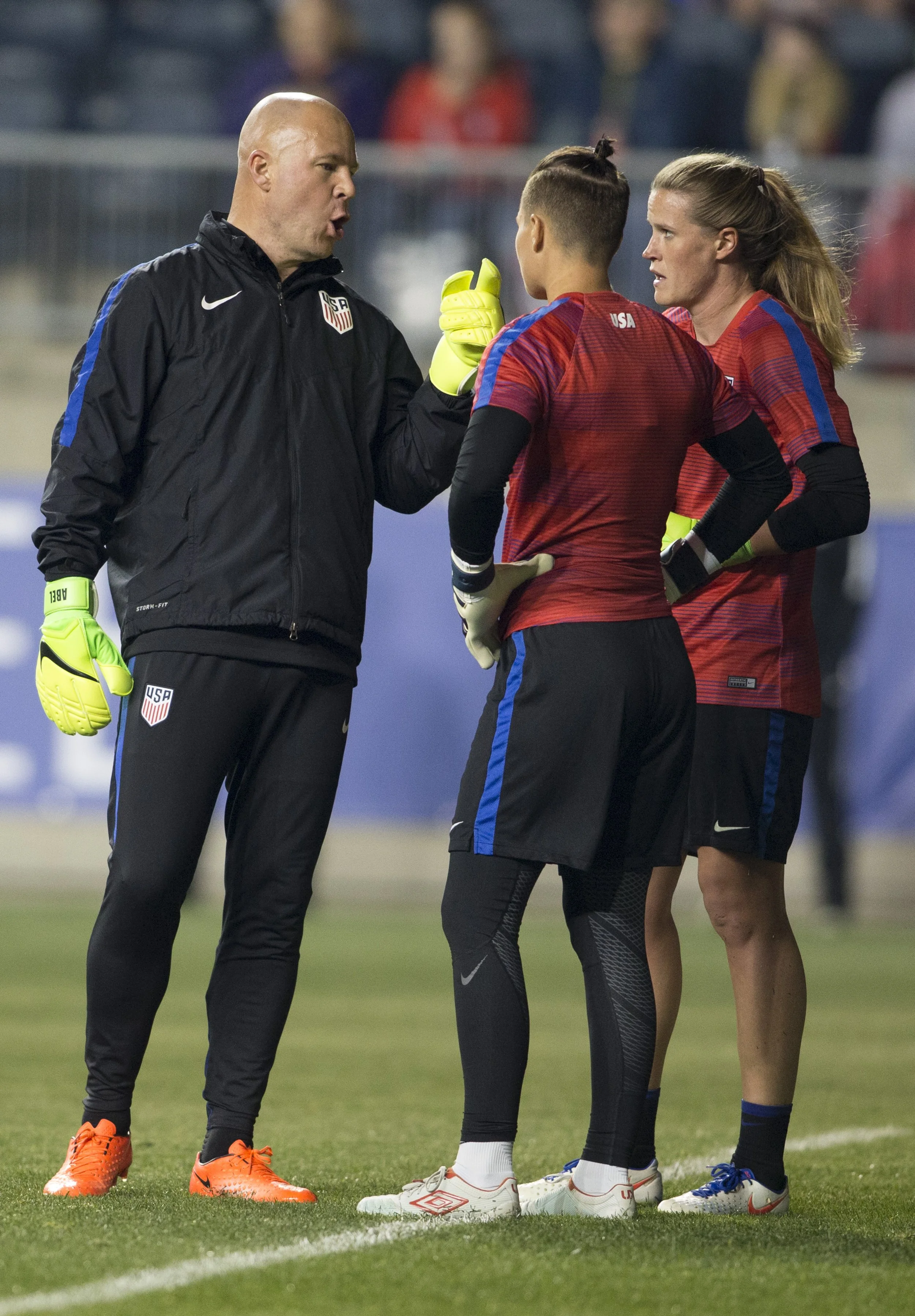 Graeme Abel talks with US Women's National Team Goalkeepers prior to a game.