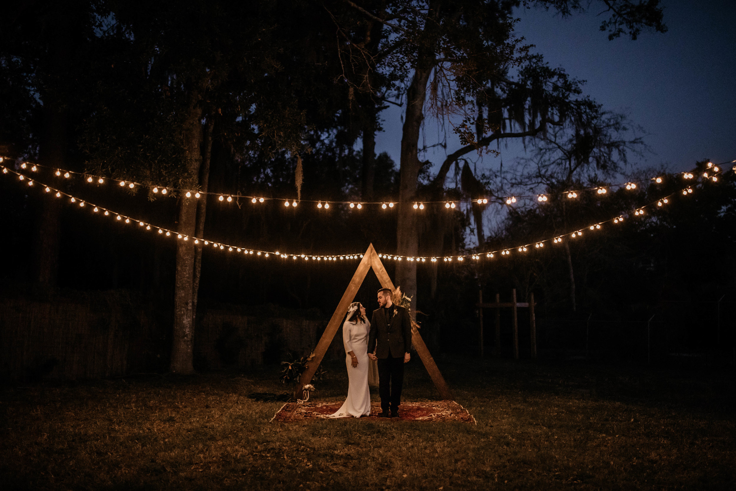 Outdoor Night Bride &amp; Groom Photos | American Traditional Tattoo Themed Eco Friendly Dark Florida Wedding