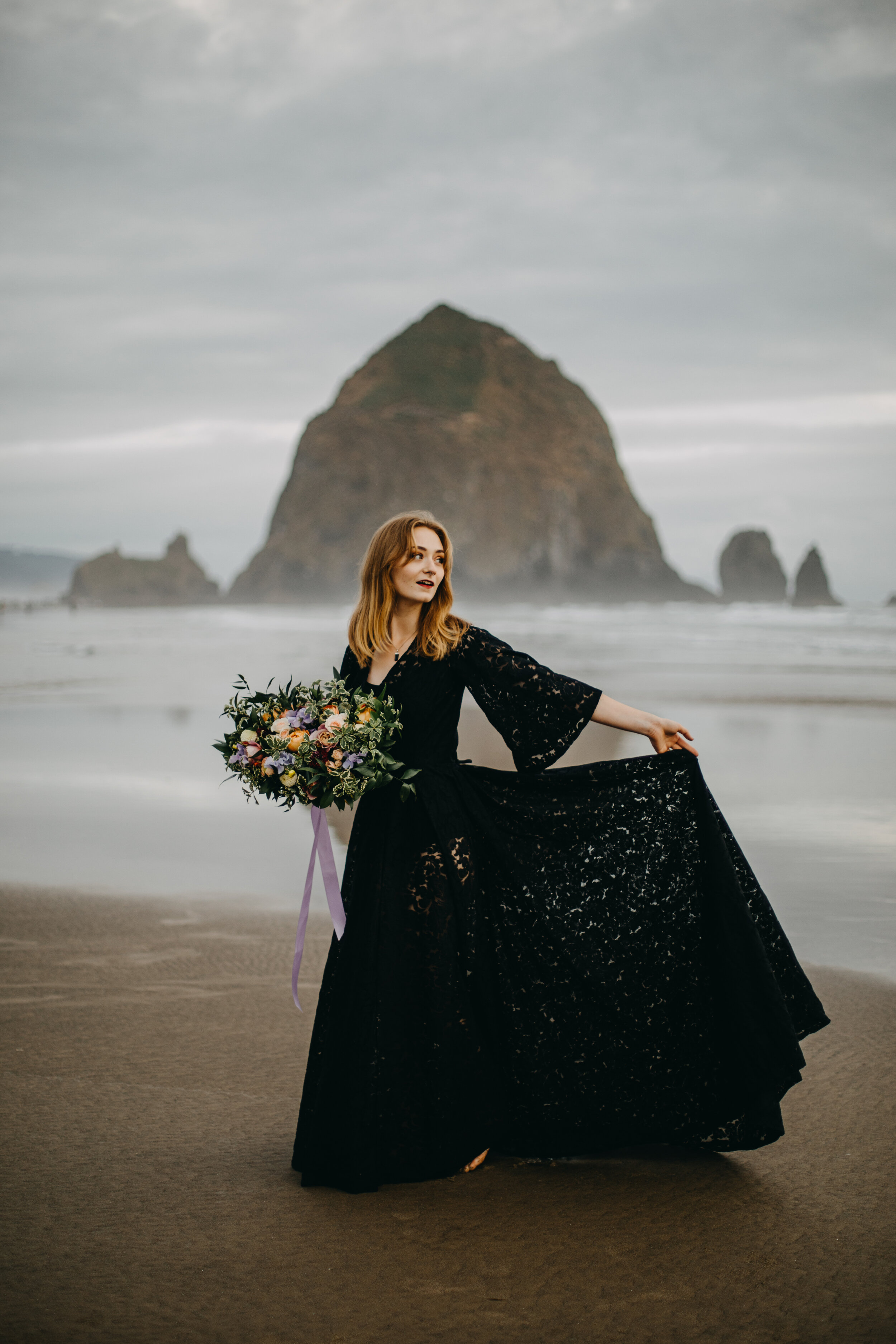 Black Wedding dress on Cannon Beach, Oregon