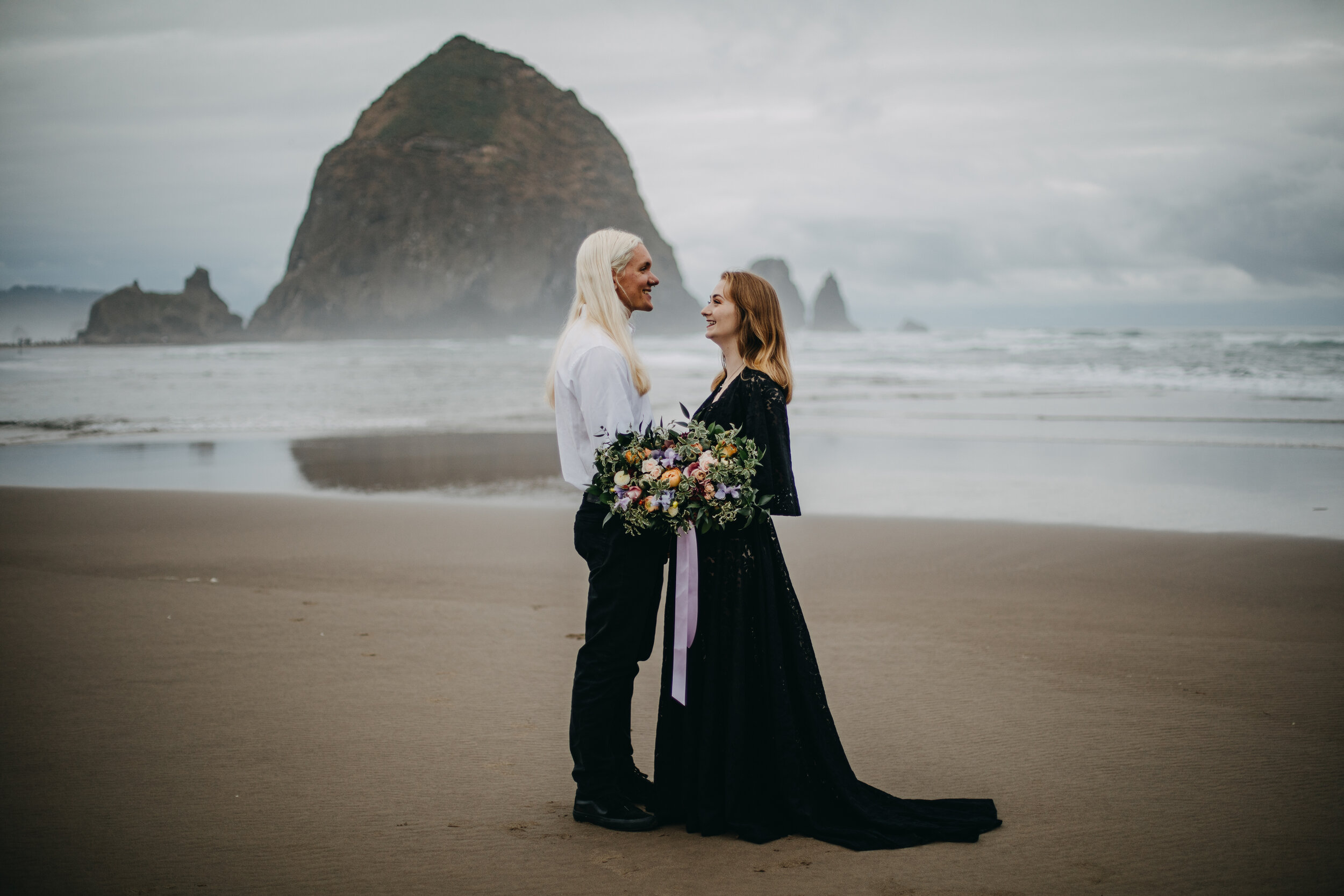 Black Dress Styled Elopement at Cannon Beach, Oregon USA