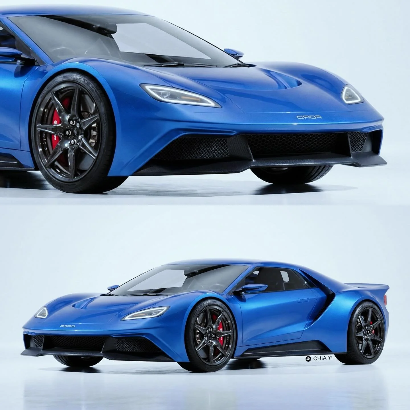 This design concept reinterprets the Ford RS200&rsquo;s Group B architecture through a contemporary supercar lens. Finished in metallic azure, the front fascia is defined by a distinct hood extraction vent and minimalist LED lighting signatures flank