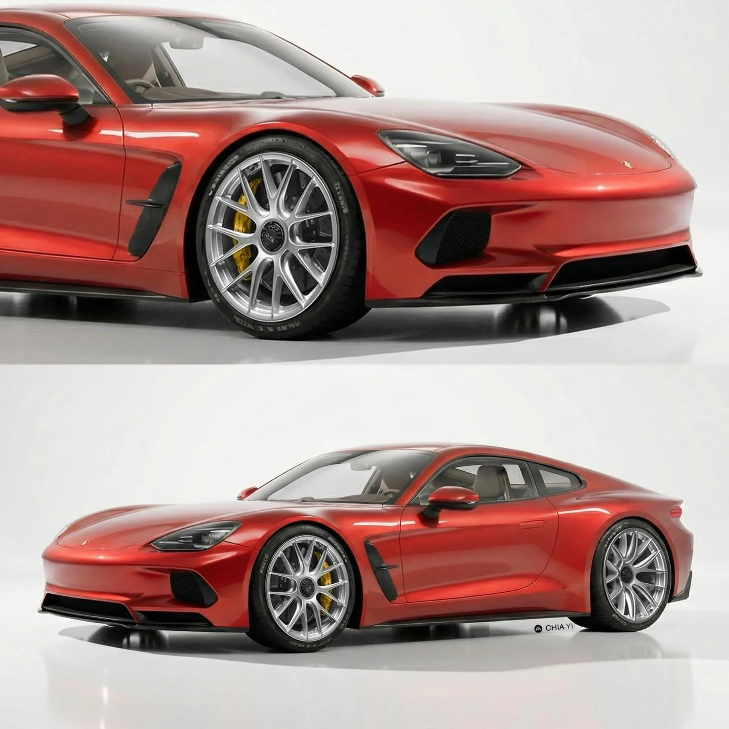 This Porsche 944 Concept presents a modern front-quarter evolution, harmonizing heritage balance with contemporary aggression. The signature elongated hood flows into minimalist LED headlamps, accentuating the car&rsquo;s precision width. A low, cohe