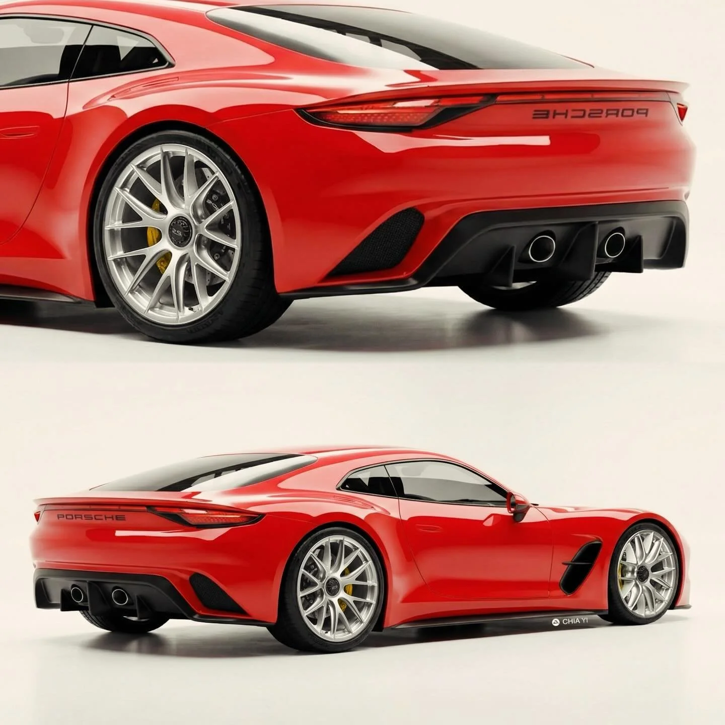 This Porsche 944 Concept reinterprets the classic transaxle coupe through a modern rear quarter view, emphasizing muscular yet disciplined surfacing. The tapered greenhouse flows cleanly into a wide rear stance, while a full-width LED light bar and i