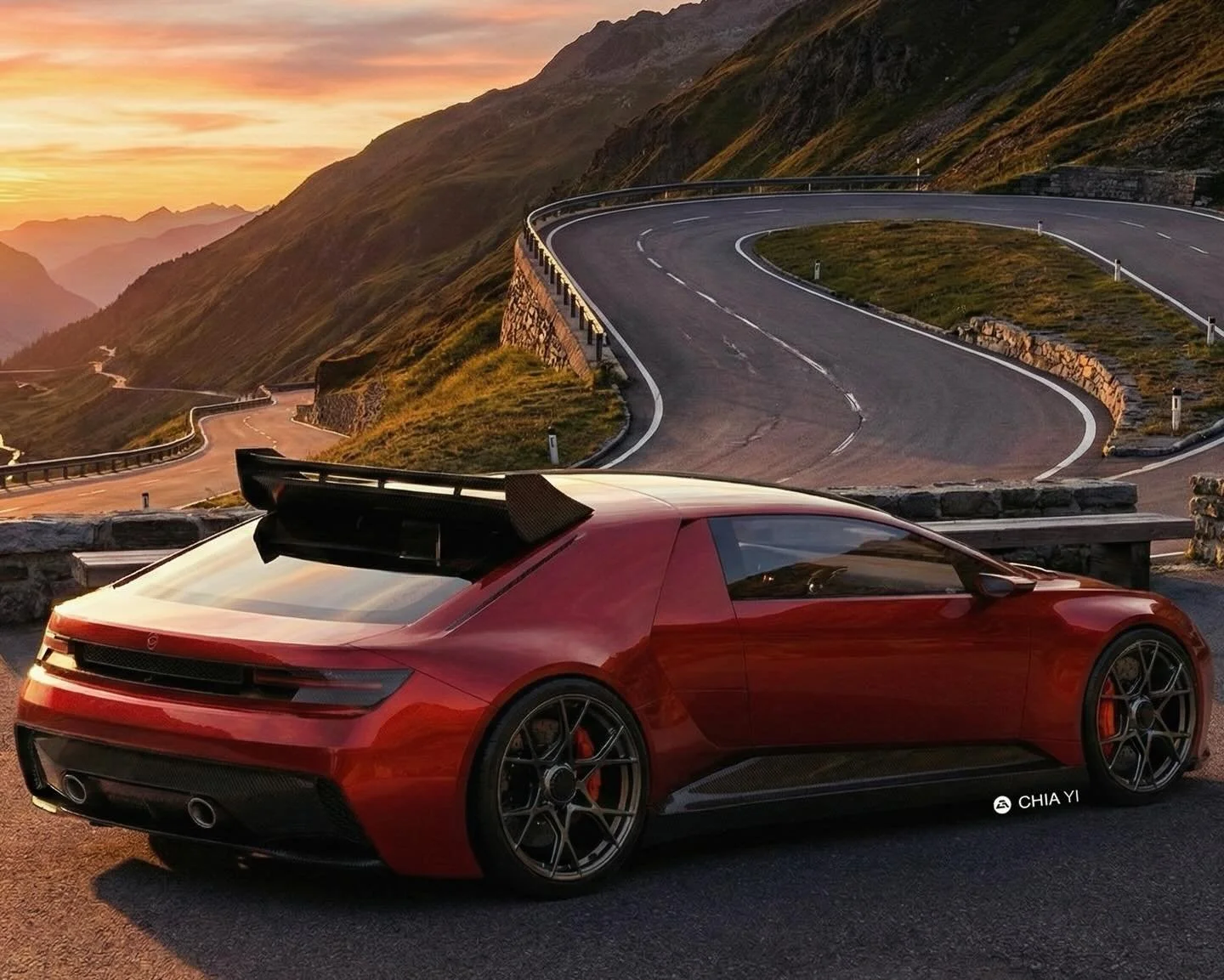 This metallic red Lancia Delta S4 homage sits poised on a winding European alpine pass at sunset. The rear-quarter view highlights the iconic wedge silhouette, massive roof spoiler, and deep mid-engine air intakes. Slim LED taillights and a carbon fi