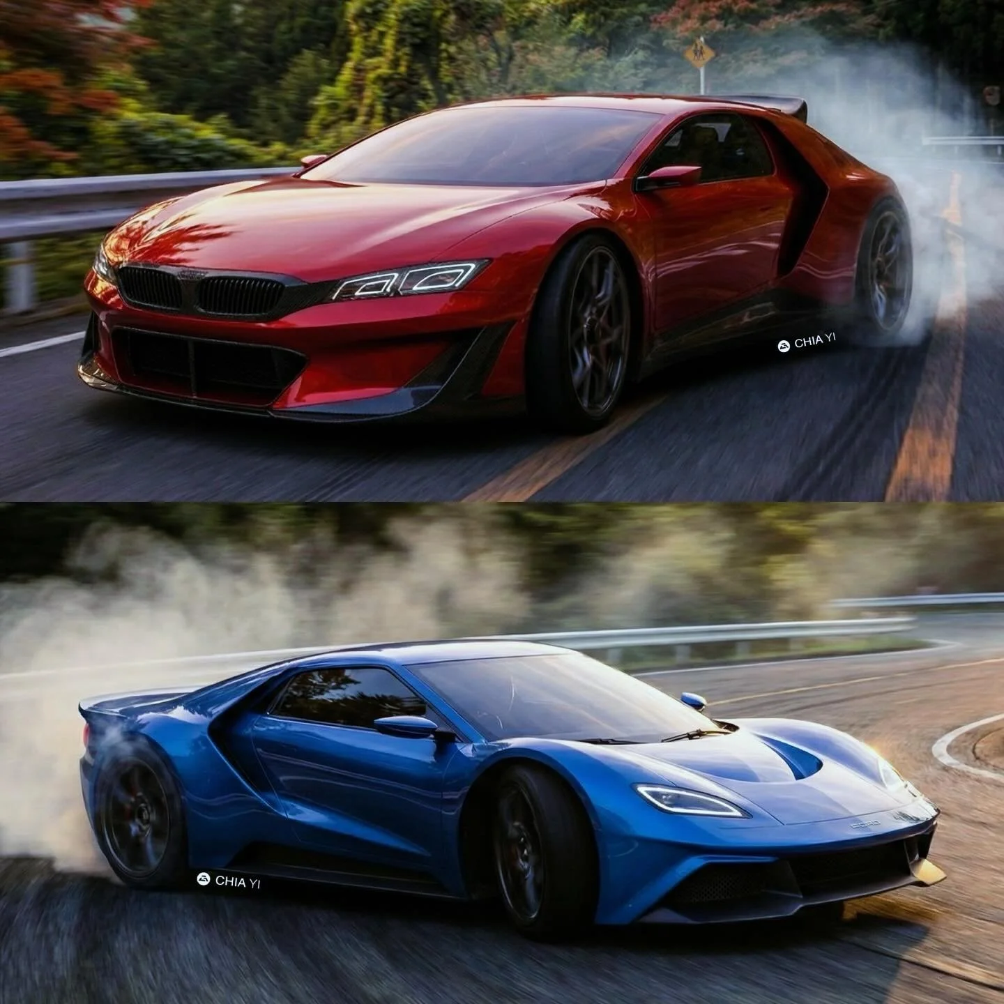 Envisioning a modern Group B revival, these descendants tear through a mountain pass. The red Lancia Delta S4 homage creates a cloud of tire smoke in a high-speed drift, mirrored below by the metallic blue Ford RS200 concept. Both renderings capture 