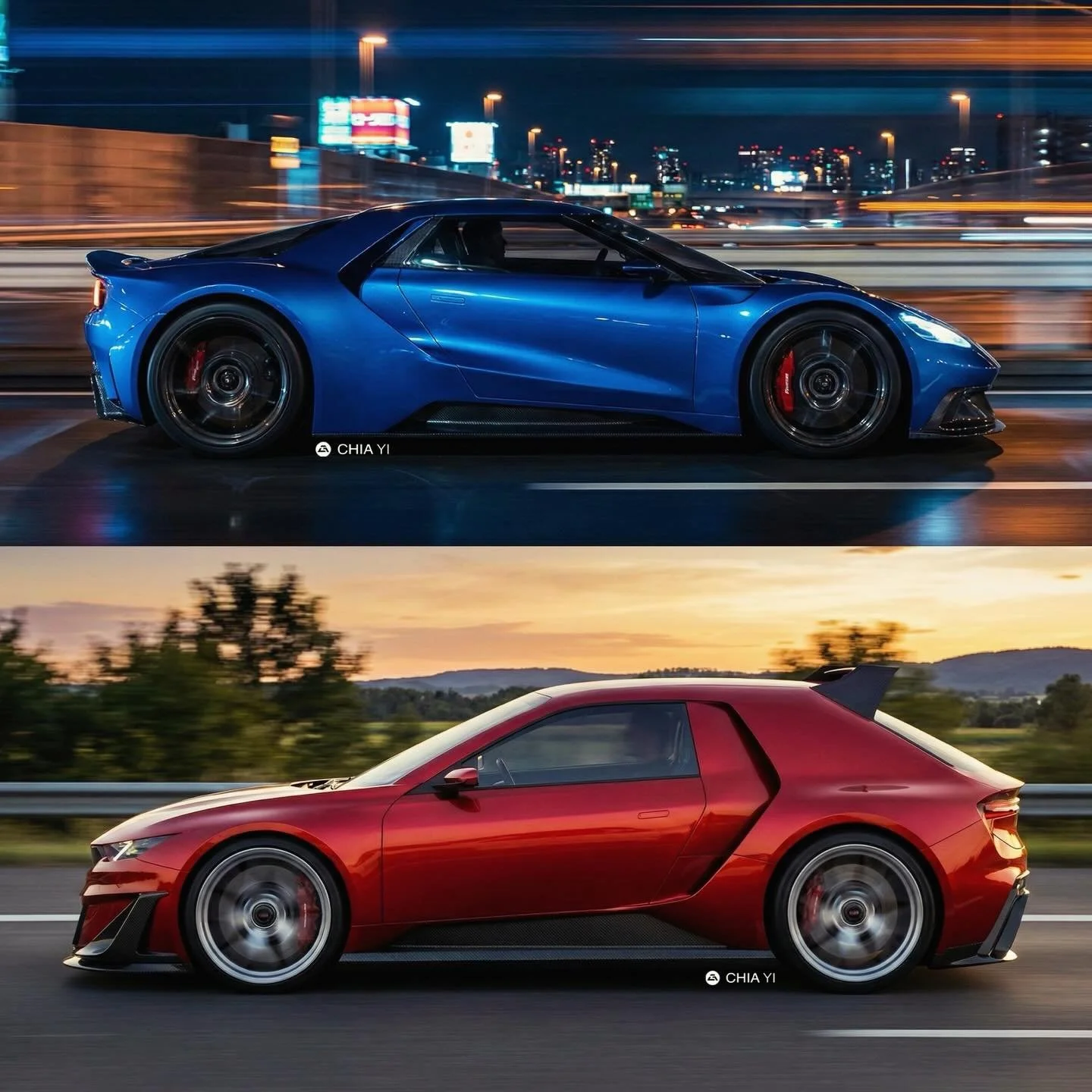 Imagining a modern Group B lineage, these rolling shots capture the descendants in motion. The top frame features the blue Ford RS200 homage speeding through a city highway at night, highlighted by neon streaks. Below, the red Lancia Delta S4 concept