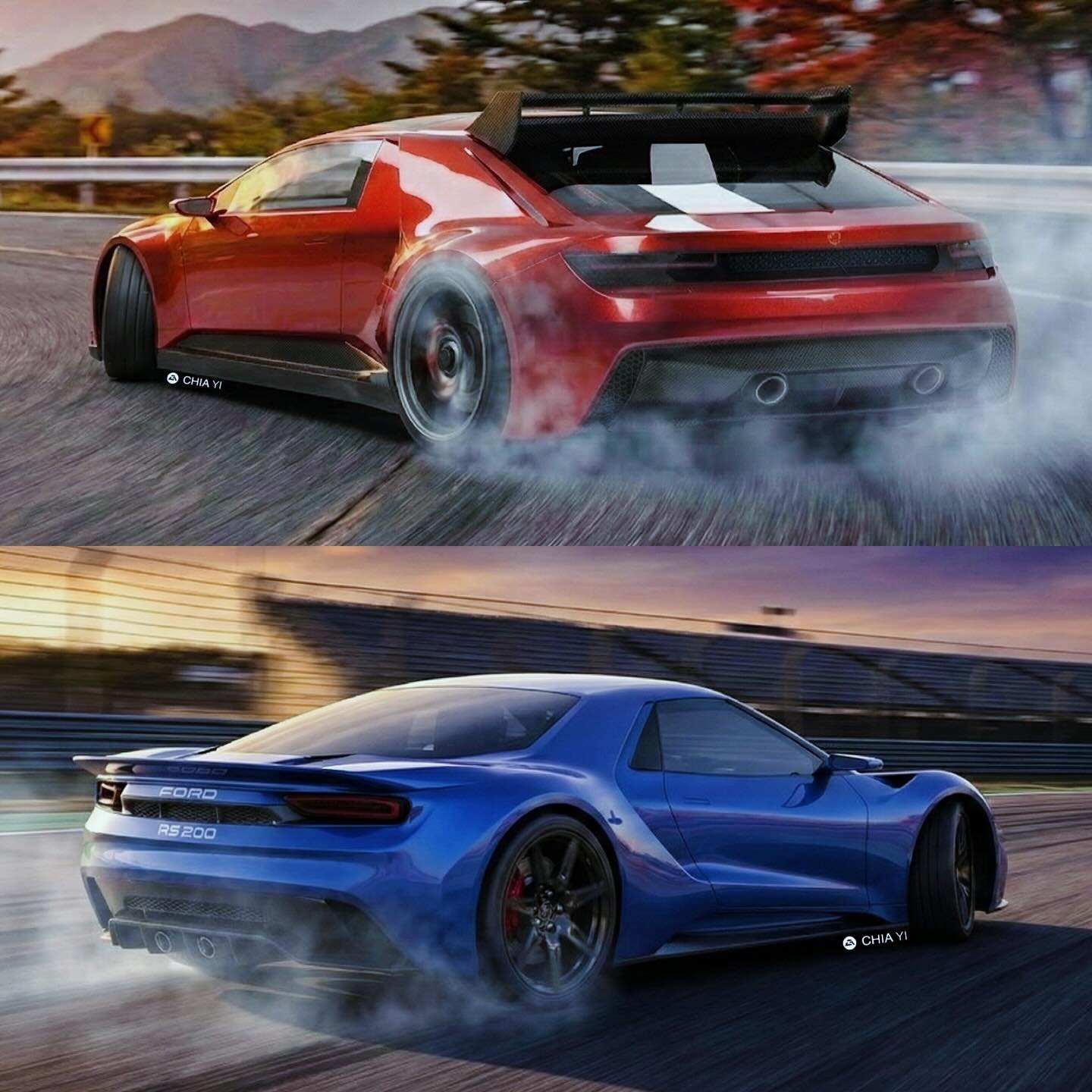 Channeling the raw spirit of Group B, these descendants are captured in visceral motion. The top frame features the red Lancia Delta S4 homage sliding sideways through an autumn pass, generating tire smoke. Below, the blue Ford RS200 concept executes
