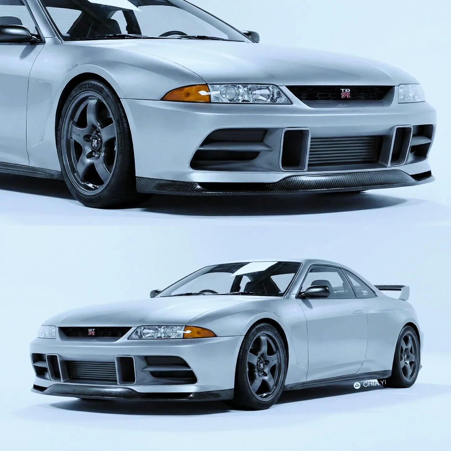 This concept rendering revitalizes the legendary 1989 Nissan Skyline GT-R R32 with a clean, modern restomod aesthetic. The iconic boxy silhouette is preserved but refined with smoother surfacing and slightly widened fenders. The front fascia features