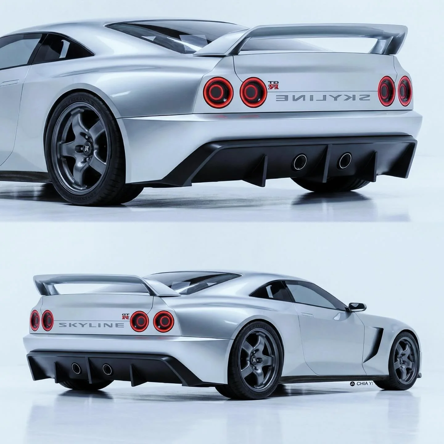 This rear-quarter rendering transforms the 1989 Nissan Skyline GT-R R32 into a contemporary masterpiece. The iconic quad round taillights are updated with sharp LED halos, flanking bold &ldquo;SKYLINE&rdquo; lettering across the trunk. A prominent re