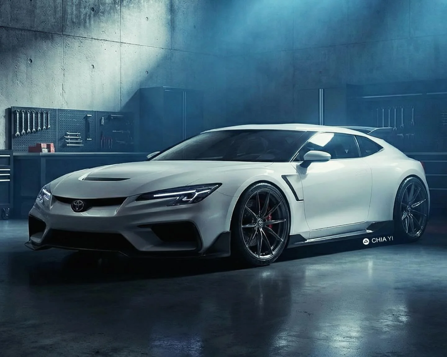 This concept reimagines the 1998 Toyota Corolla WRC as a modern tuner icon, resting in a moody, industrial garage. The crisp white bodywork features a widened rally stance, dominated by a vented hood and massive lower air intakes. Sharp, modernized L