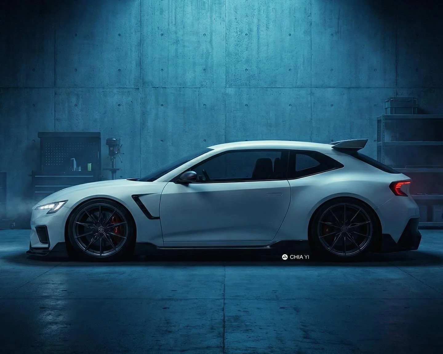 This side-profile rendering reimagines the 1998 Toyota Corolla WRC as a sleek, low-slung hot hatch resting in a moody, industrial garage setting. The crisp white bodywork sharply contrasts with the dark concrete walls, highlighting its modern aerodyn