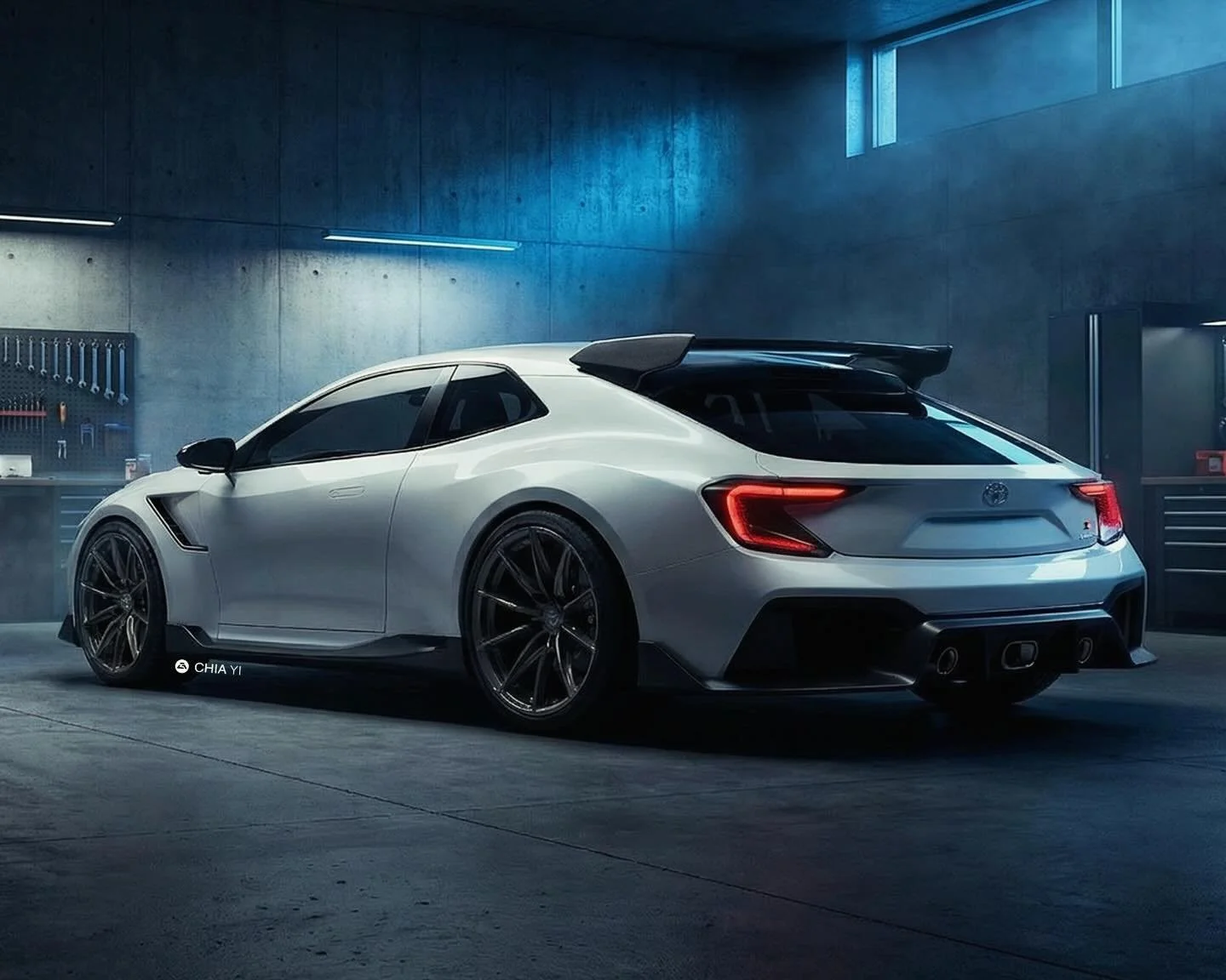 This rear-quarter concept rendering transforms the legendary 1998 Toyota Corolla WRC into a modern hot hatch masterpiece, dramatically situated inside an atmospheric, industrial workshop. The highly aggressive wide-body stance is amplified by flared 