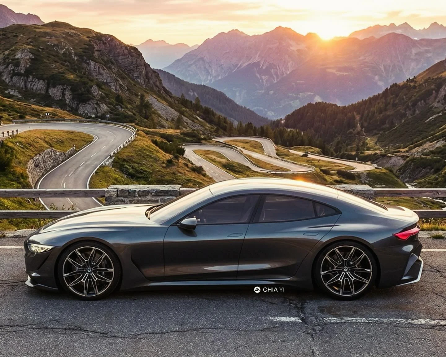 This rendering presents a modern side-profile homage to the 2001 BMW 740i M Sport, set against a majestic, winding autumn mountain road at sunset. The sleek, dark metallic concept brilliantly updates the iconic E38&rsquo;s elongated executive silhoue