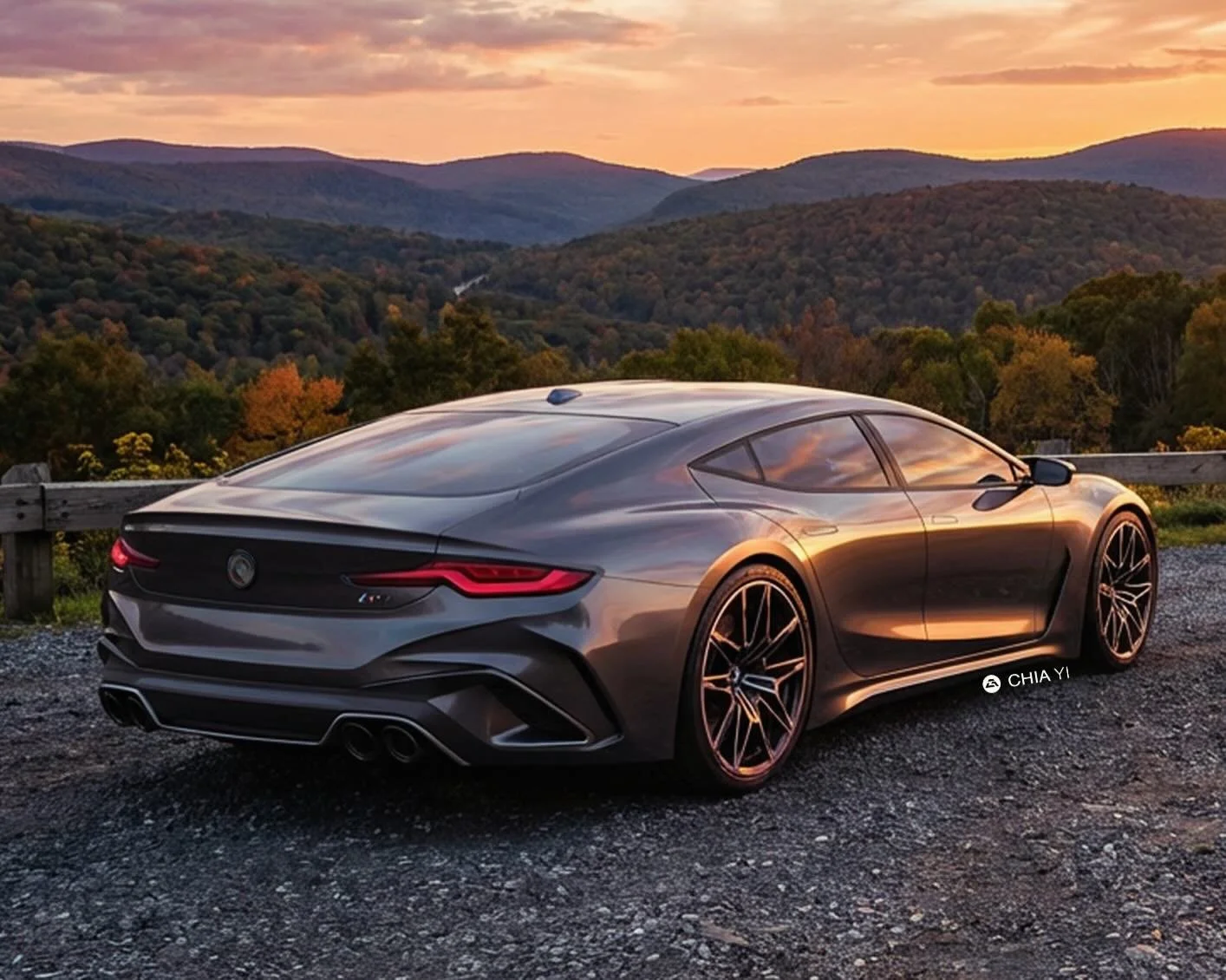 This rendering presents a modern rear-quarter homage to the 2001 BMW 740i M Sport, resting at a scenic overlook along a winding autumn mountain road at sunset. The sleek, dark metallic concept boldly updates the classic E38&rsquo;s executive silhouet