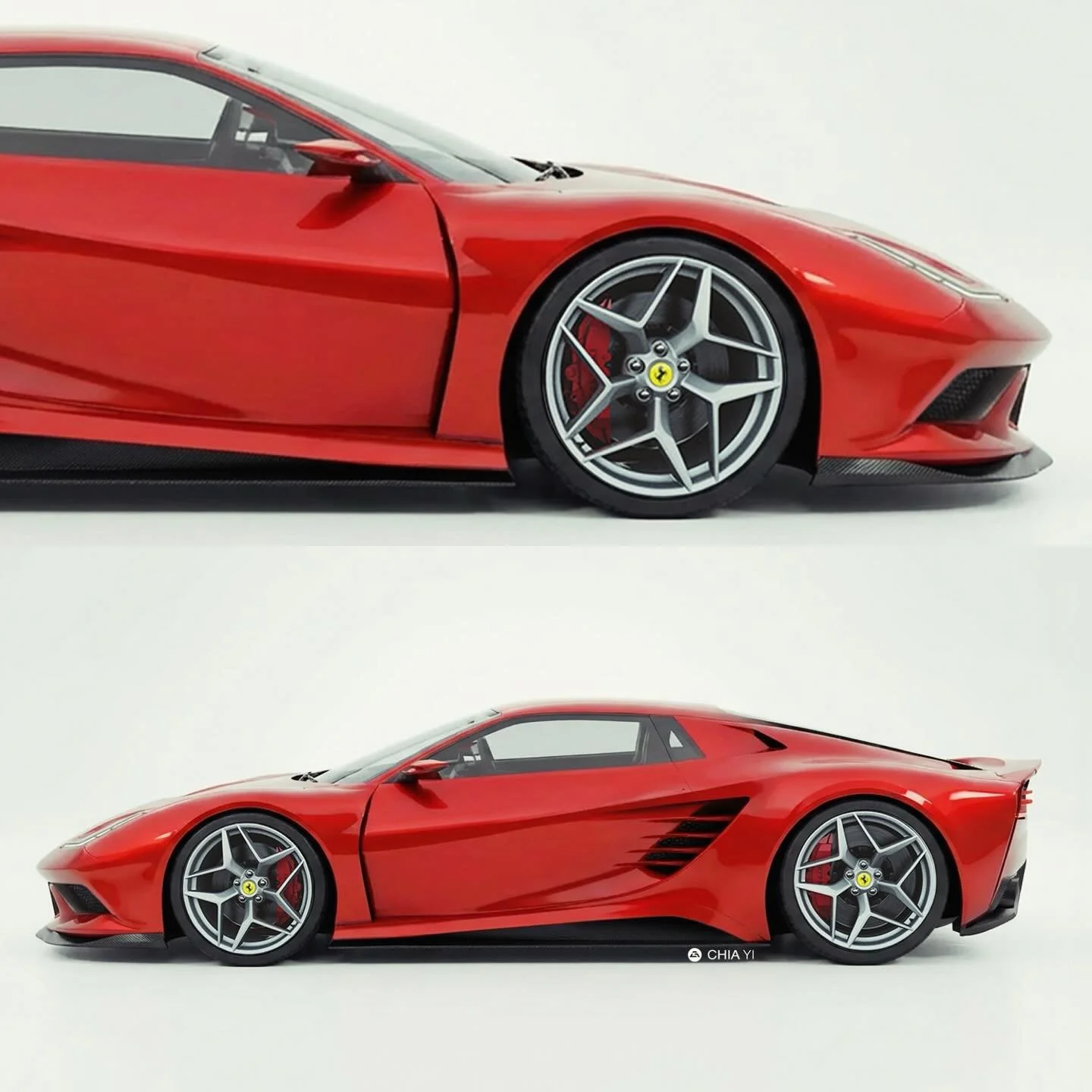 This side profile rendering reimagines the 1984 Ferrari Testarossa with a sleek, aerodynamic silhouette. The iconic side strakes are seamlessly integrated into the sculpted doors, aggressively channeling air to the mid-mounted engine. Bathed in signa