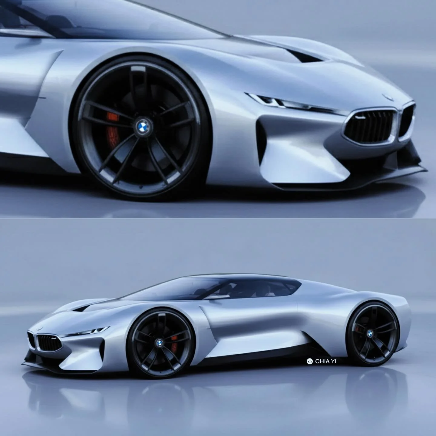 This front-quarter rendering presents a modern interpretation of the legendary 1992 BMW Nazca C2. Finished in a liquid silver, the concept dramatically updates the original&rsquo;s low-slung, aerodynamic supercar profile. The front fascia features a 